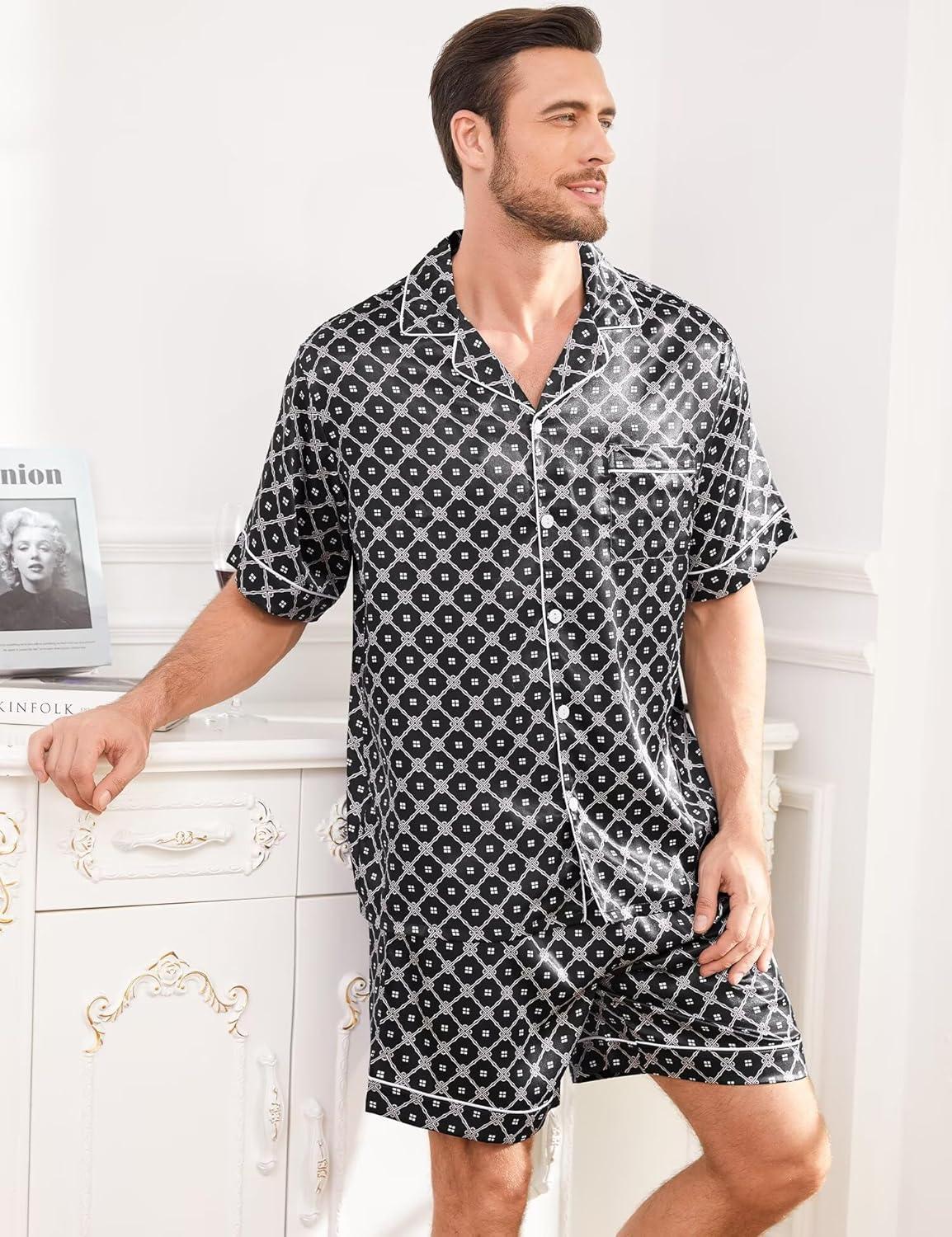 imageSWOMOG Men Silk Pajama Set Short Sleeve Satin PJs Sets 2 Piece Button Down Sleepwear Soft Summer Loungewear with PocketsBlack Floral