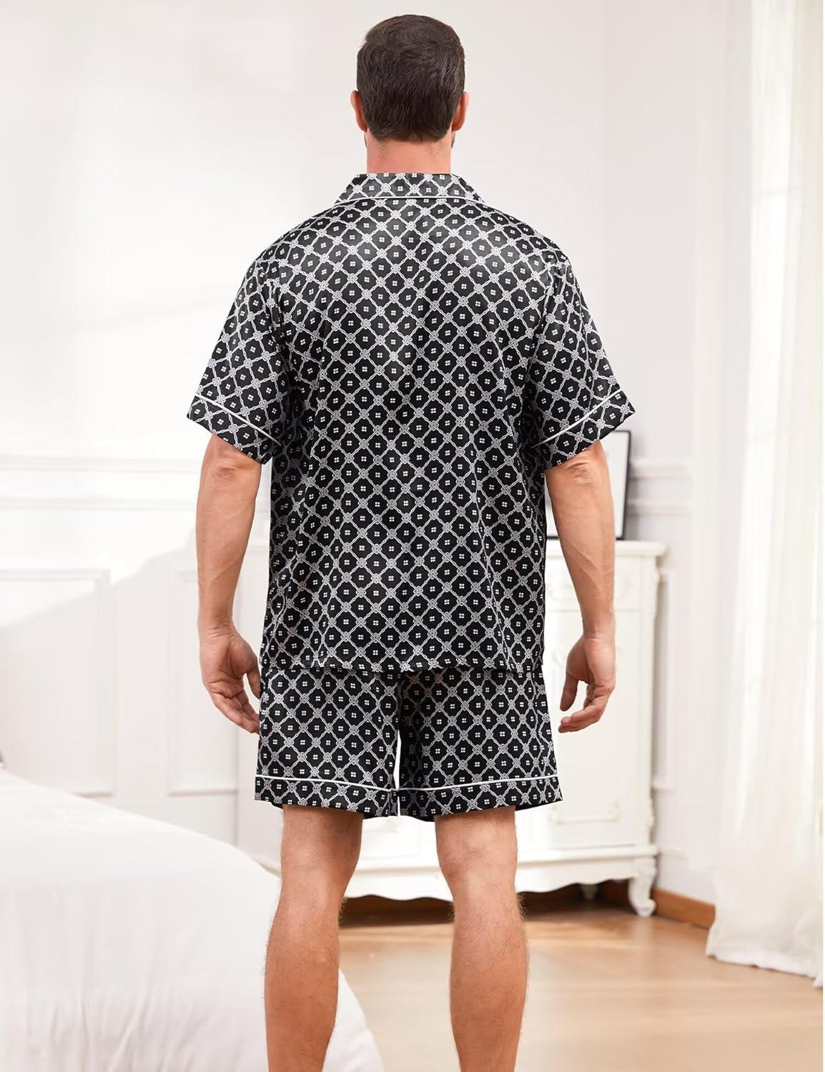 imageSWOMOG Men Silk Pajama Set Short Sleeve Satin PJs Sets 2 Piece Button Down Sleepwear Soft Summer Loungewear with PocketsBlack Floral