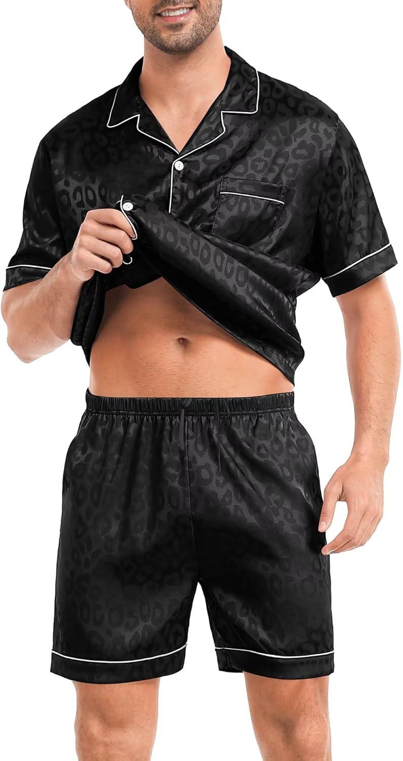 imageSWOMOG Men Silk Pajama Set Short Sleeve Satin PJs Sets 2 Piece Button Down Sleepwear Soft Summer Loungewear with PocketsBlack Leopard Print