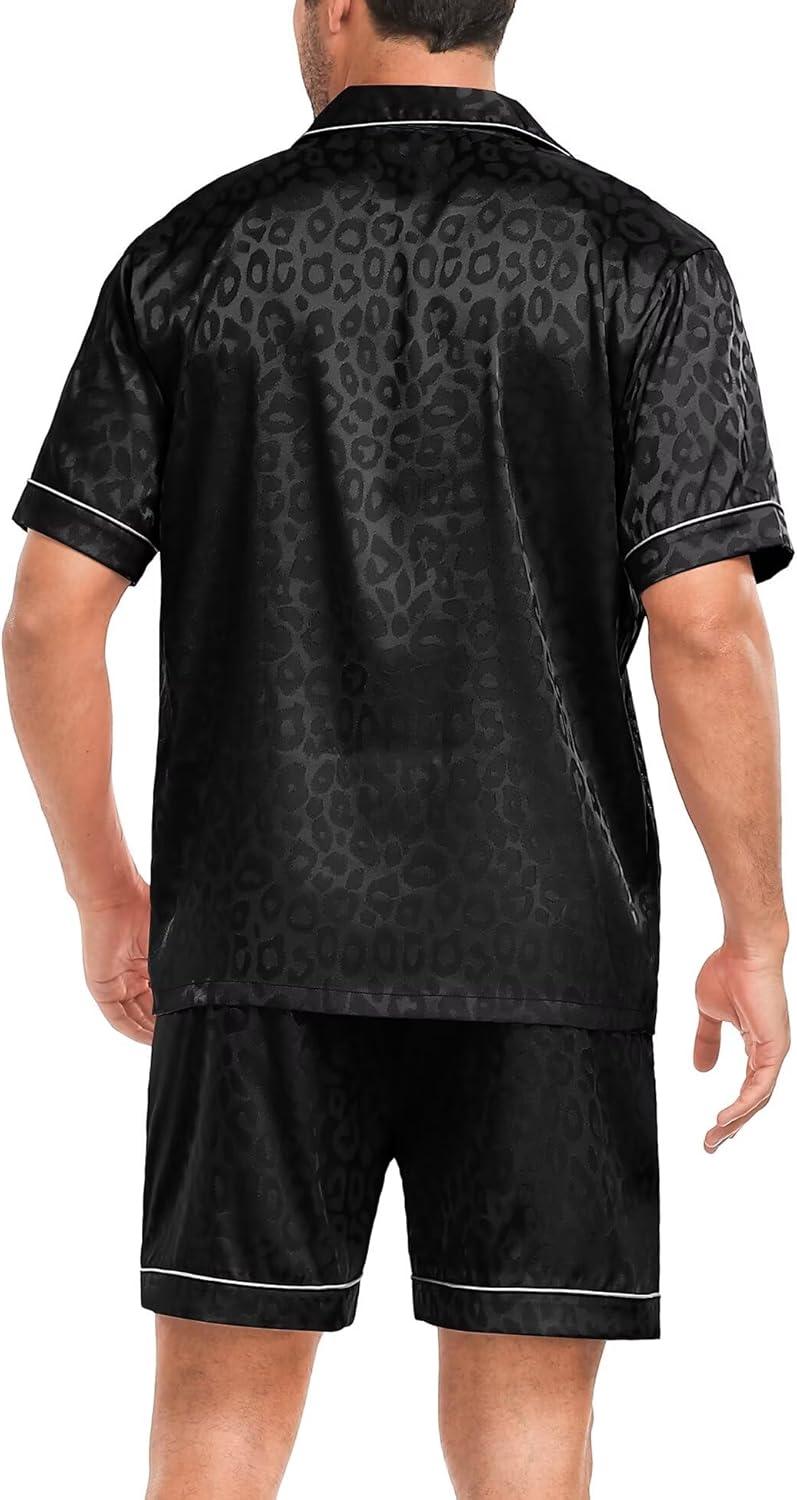 imageSWOMOG Men Silk Pajama Set Short Sleeve Satin PJs Sets 2 Piece Button Down Sleepwear Soft Summer Loungewear with PocketsBlack Leopard Print