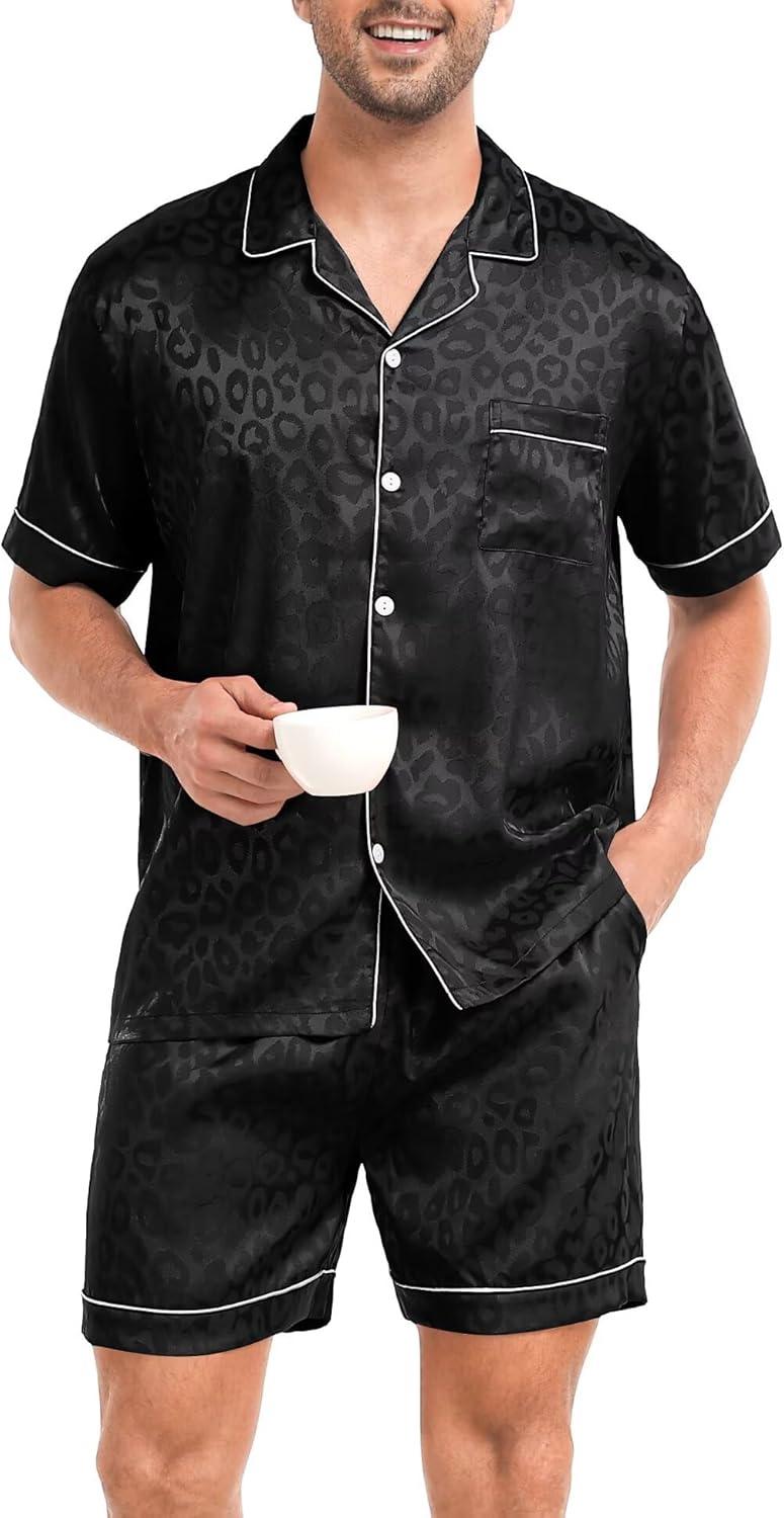 imageSWOMOG Men Silk Pajama Set Short Sleeve Satin PJs Sets 2 Piece Button Down Sleepwear Soft Summer Loungewear with PocketsBlack Leopard Print
