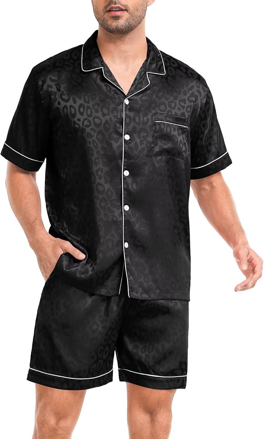 imageSWOMOG Men Silk Pajama Set Short Sleeve Satin PJs Sets 2 Piece Button Down Sleepwear Soft Summer Loungewear with PocketsBlack Leopard Print