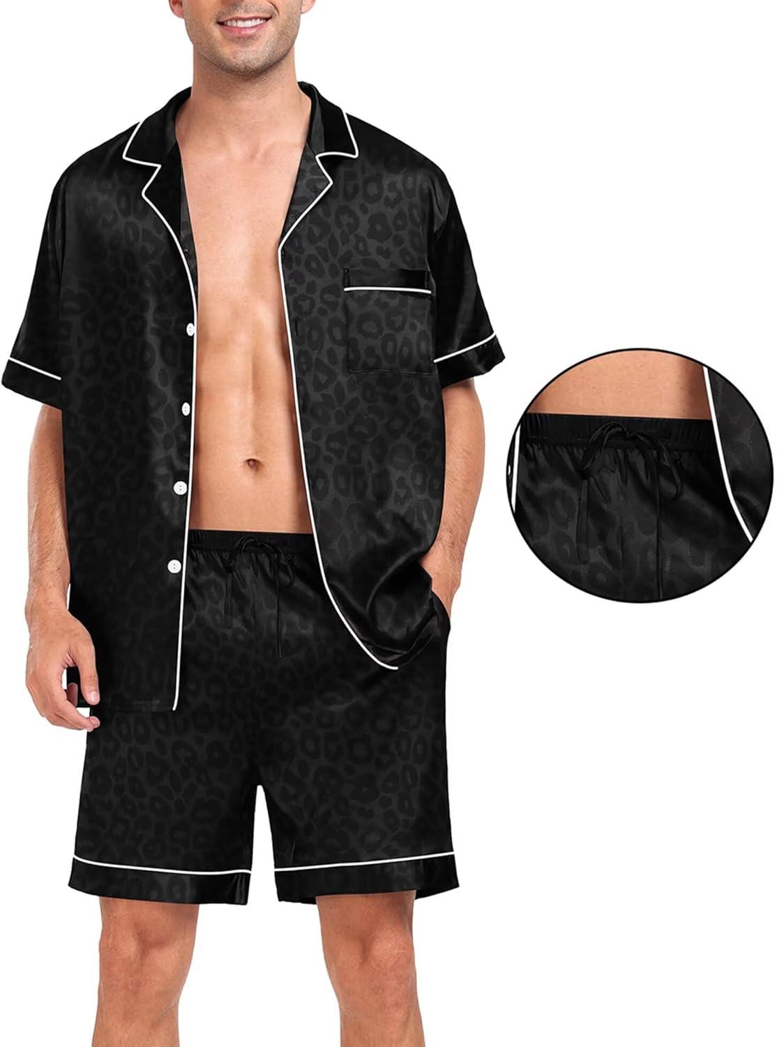 imageSWOMOG Men Silk Pajama Set Short Sleeve Satin PJs Sets 2 Piece Button Down Sleepwear Soft Summer Loungewear with PocketsBlack Leopard Print