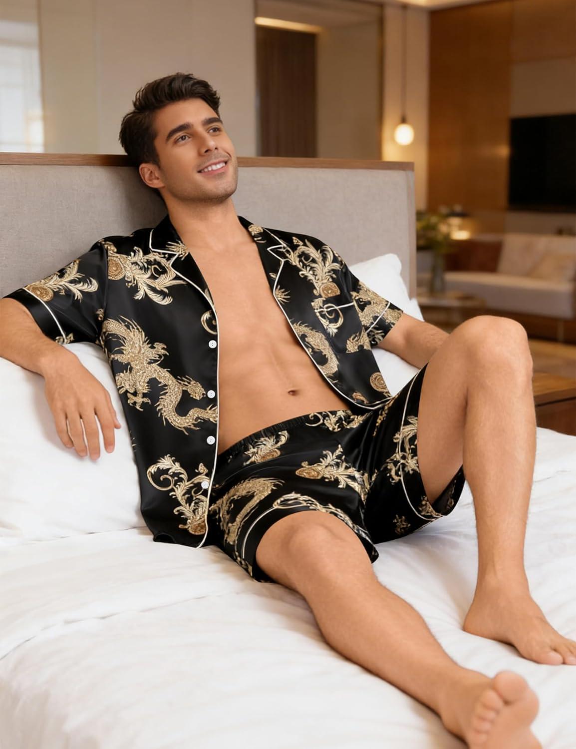 imageSWOMOG Men Silk Pajama Set Short Sleeve Satin PJs Sets 2 Piece Button Down Sleepwear Soft Summer Loungewear with PocketsDark Black