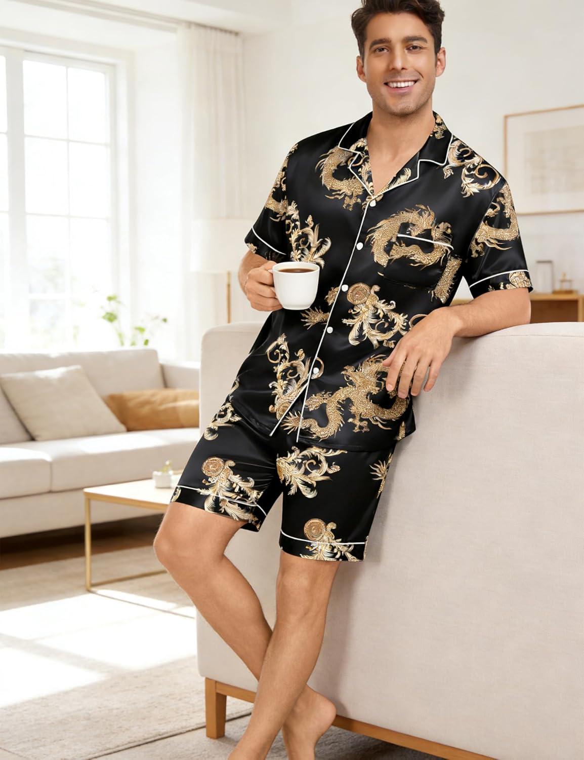 imageSWOMOG Men Silk Pajama Set Short Sleeve Satin PJs Sets 2 Piece Button Down Sleepwear Soft Summer Loungewear with PocketsDark Black