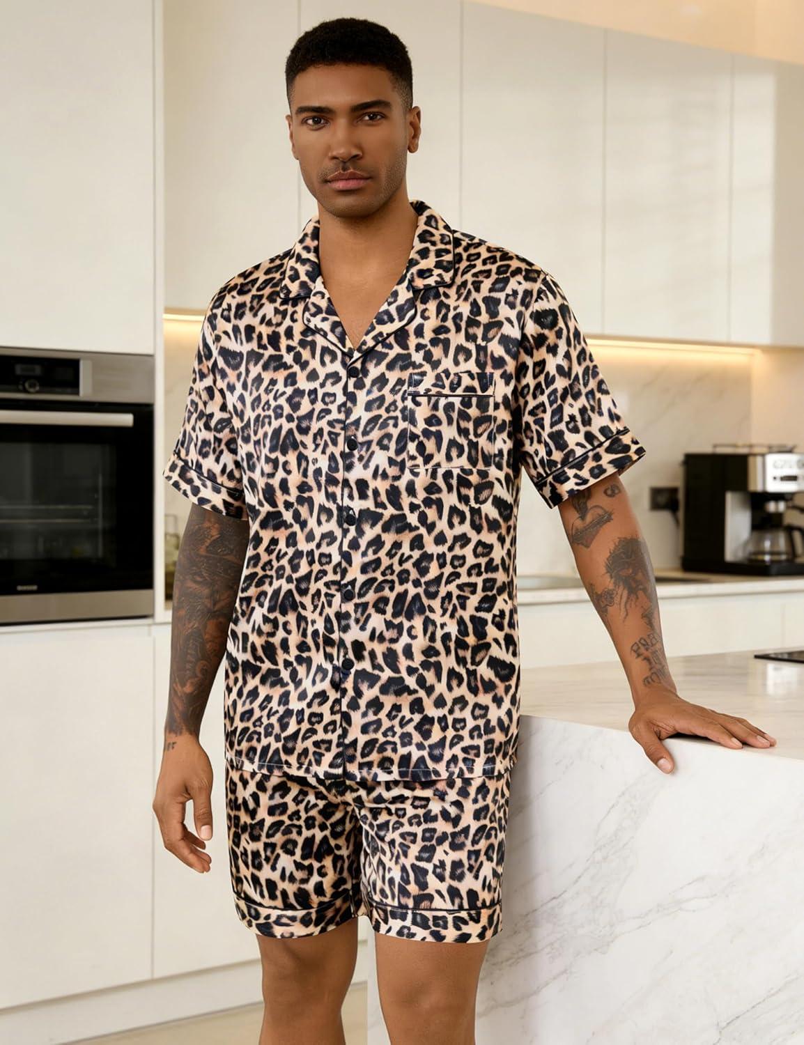 imageSWOMOG Men Silk Pajama Set Short Sleeve Satin PJs Sets 2 Piece Button Down Sleepwear Soft Summer Loungewear with PocketsLeopard