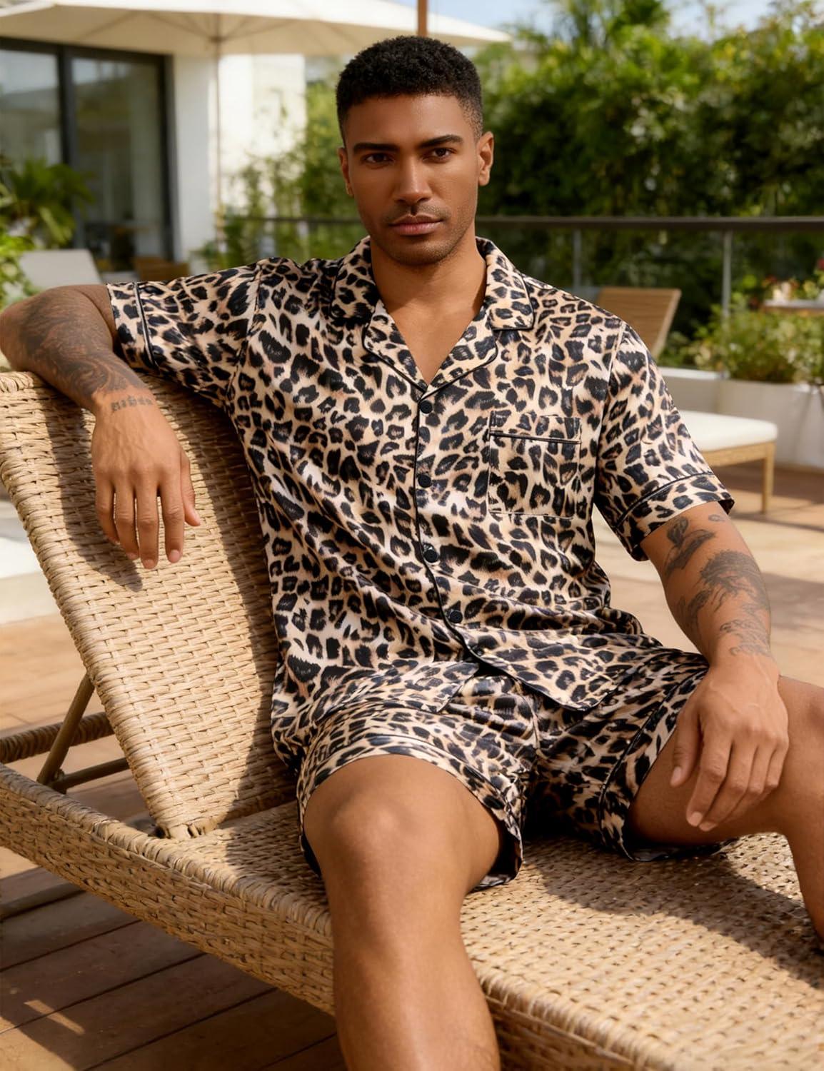 imageSWOMOG Men Silk Pajama Set Short Sleeve Satin PJs Sets 2 Piece Button Down Sleepwear Soft Summer Loungewear with PocketsLeopard