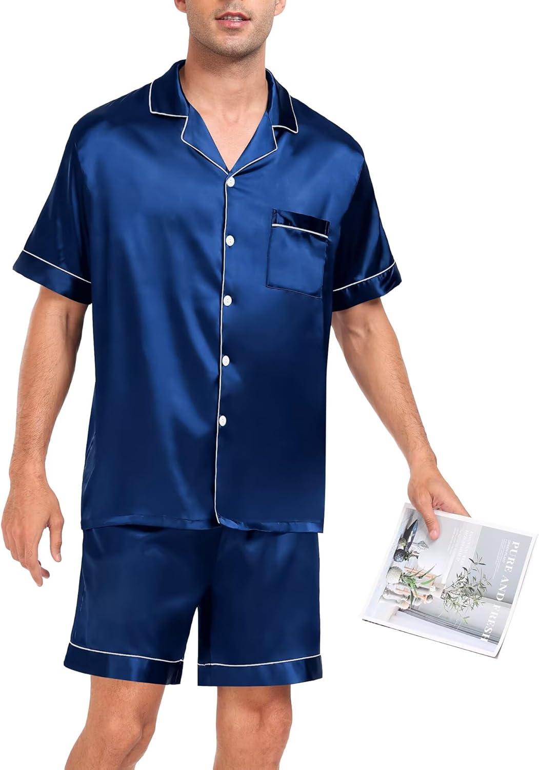 imageSWOMOG Men Silk Pajama Set Short Sleeve Satin PJs Sets 2 Piece Button Down Sleepwear Soft Summer Loungewear with PocketsNavy Blue