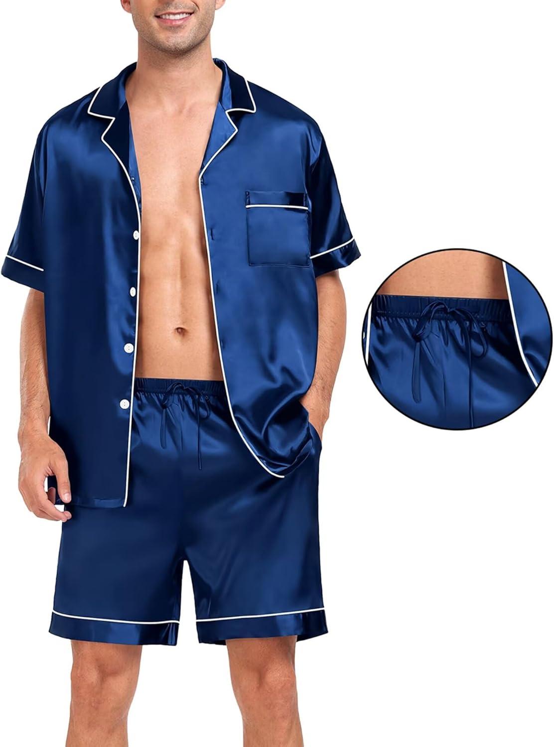 imageSWOMOG Men Silk Pajama Set Short Sleeve Satin PJs Sets 2 Piece Button Down Sleepwear Soft Summer Loungewear with PocketsNavy Blue