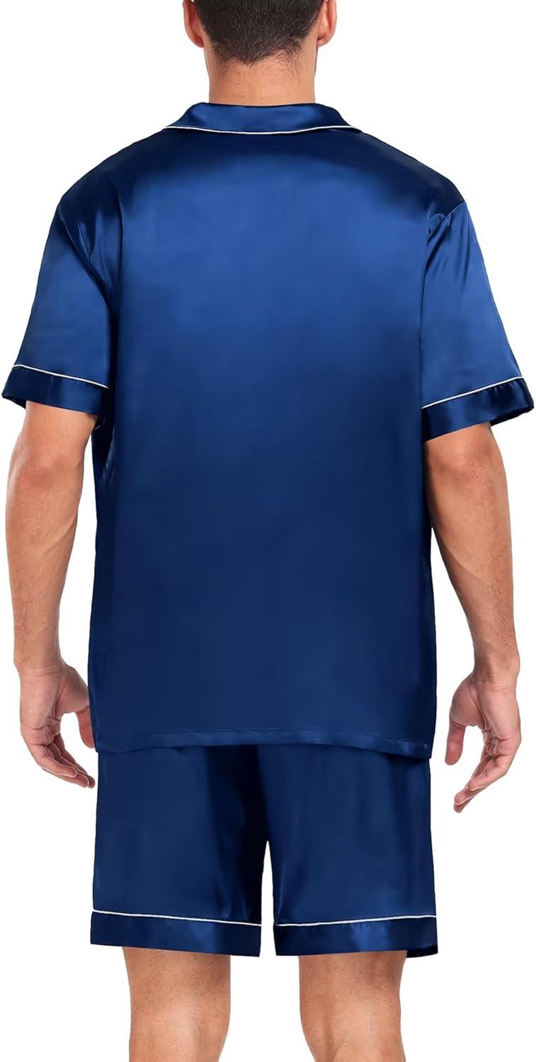 imageSWOMOG Men Silk Pajama Set Short Sleeve Satin PJs Sets 2 Piece Button Down Sleepwear Soft Summer Loungewear with PocketsNavy Blue