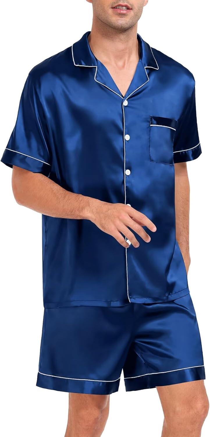 imageSWOMOG Men Silk Pajama Set Short Sleeve Satin PJs Sets 2 Piece Button Down Sleepwear Soft Summer Loungewear with PocketsNavy Blue