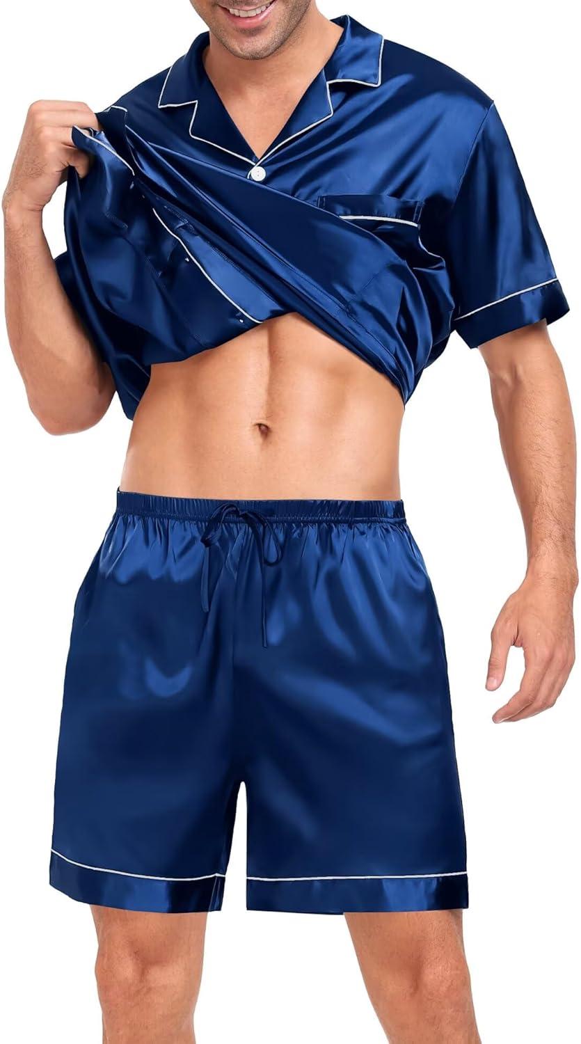 imageSWOMOG Men Silk Pajama Set Short Sleeve Satin PJs Sets 2 Piece Button Down Sleepwear Soft Summer Loungewear with PocketsNavy Blue