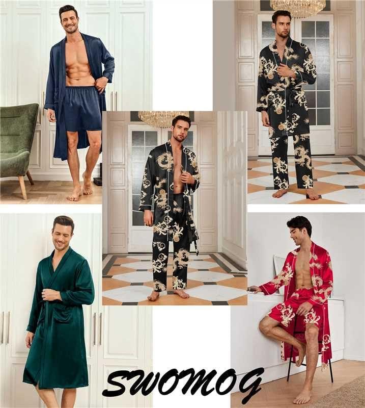 imageSWOMOG Mens 3 PCS Satin Robe with Pants amp Shorts Set Kimono Bathrobe Long Sleeve Sleepwear Pjs Sets with PocketsBlack Dragon