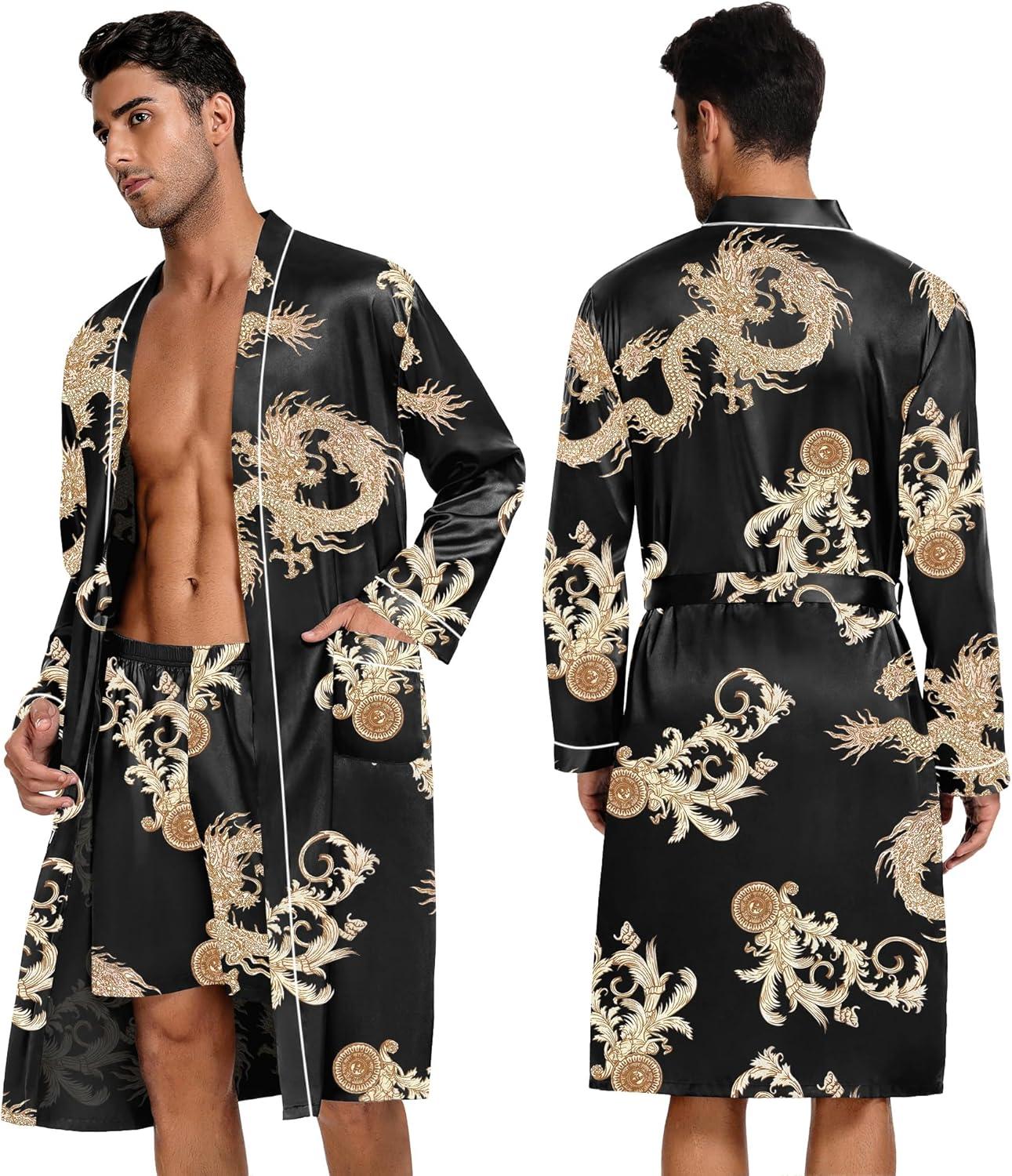 imageSWOMOG Mens 3 PCS Satin Robe with Pants amp Shorts Set Kimono Bathrobe Long Sleeve Sleepwear Pjs Sets with PocketsBlack Dragon