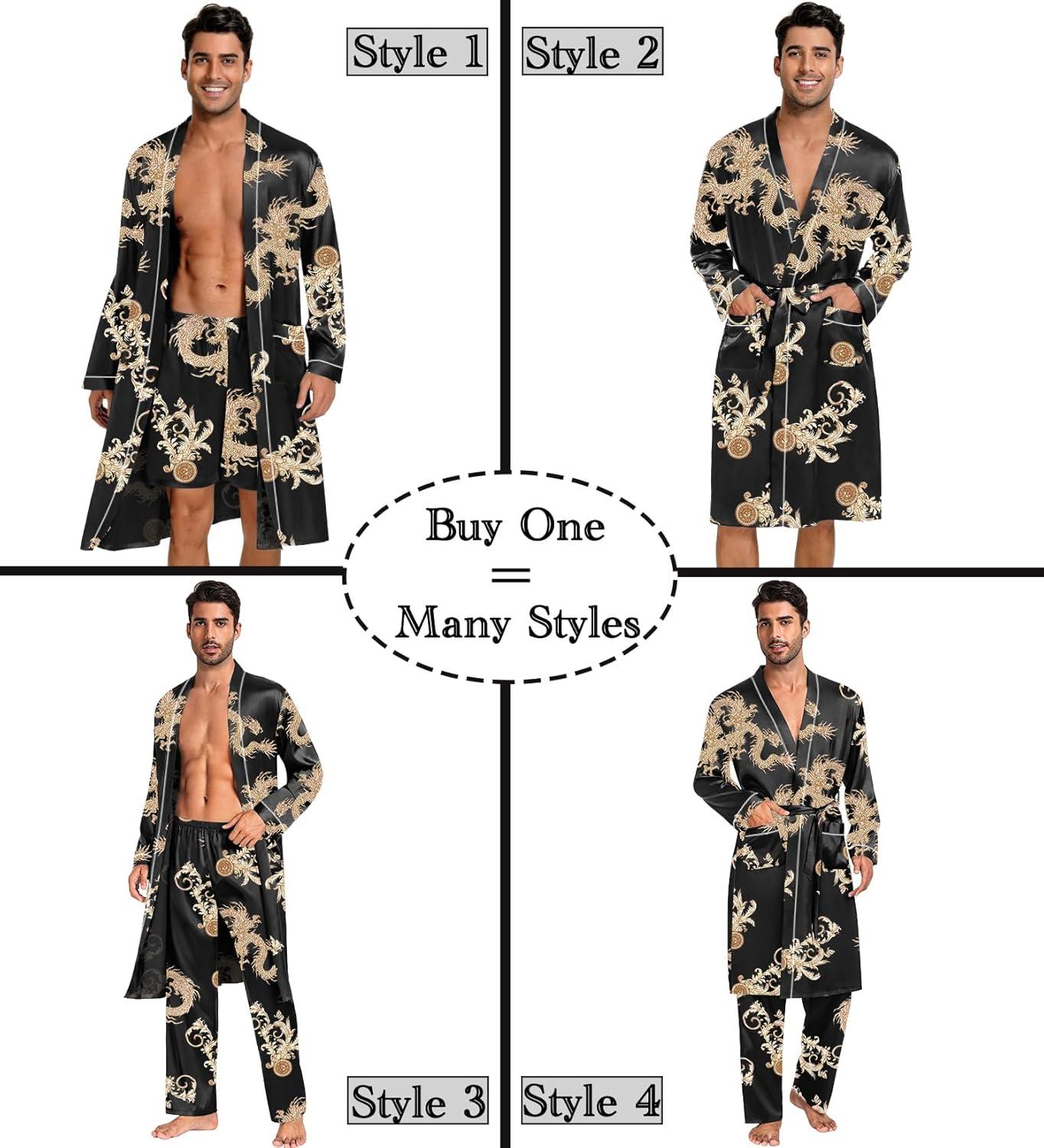 imageSWOMOG Mens 3 PCS Satin Robe with Pants amp Shorts Set Kimono Bathrobe Long Sleeve Sleepwear Pjs Sets with PocketsBlack Dragon