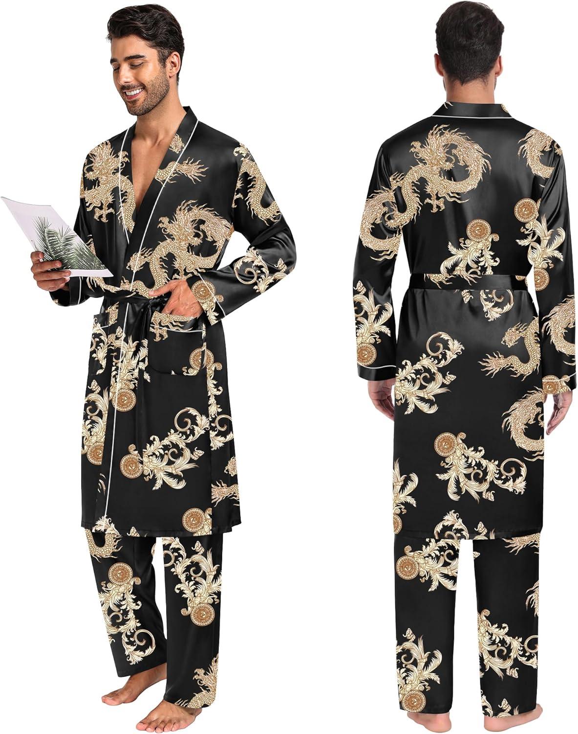 imageSWOMOG Mens 3 PCS Satin Robe with Pants amp Shorts Set Kimono Bathrobe Long Sleeve Sleepwear Pjs Sets with PocketsBlack Dragon