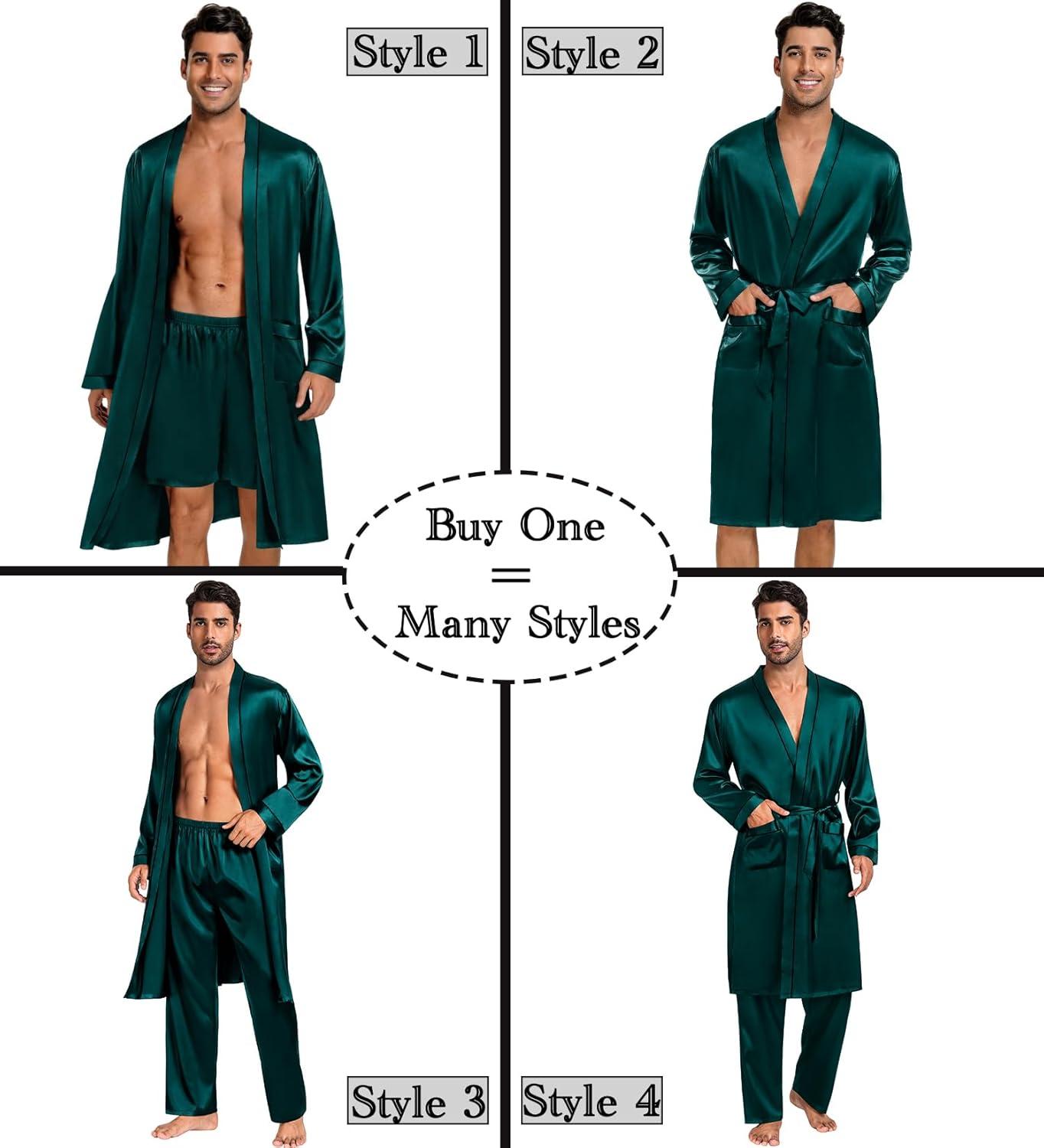 imageSWOMOG Mens 3 PCS Satin Robe with Pants amp Shorts Set Kimono Bathrobe Long Sleeve Sleepwear Pjs Sets with PocketsDeep Green
