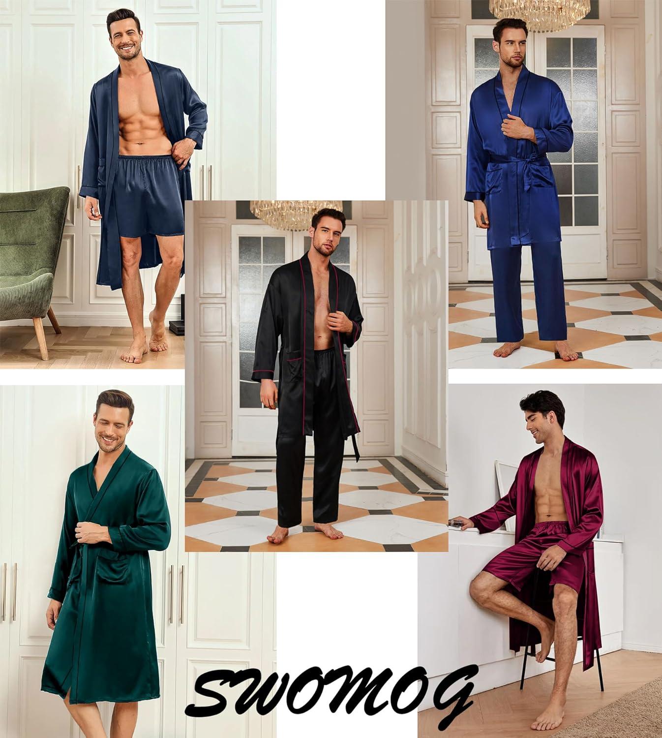 imageSWOMOG Mens 3 PCS Satin Robe with Pants amp Shorts Set Kimono Bathrobe Long Sleeve Sleepwear Pjs Sets with PocketsDeep Green