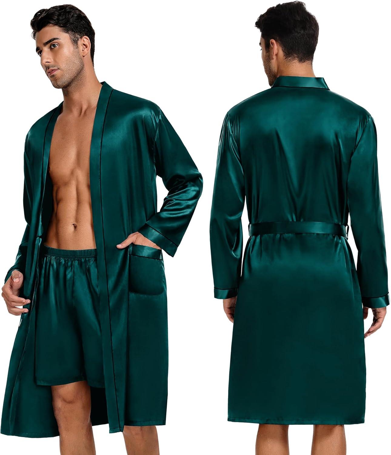 imageSWOMOG Mens 3 PCS Satin Robe with Pants amp Shorts Set Kimono Bathrobe Long Sleeve Sleepwear Pjs Sets with PocketsDeep Green