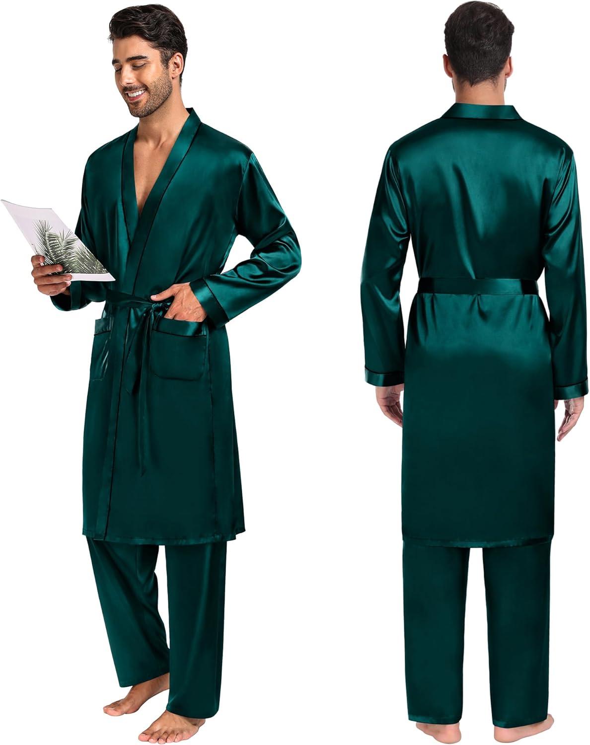 imageSWOMOG Mens 3 PCS Satin Robe with Pants amp Shorts Set Kimono Bathrobe Long Sleeve Sleepwear Pjs Sets with PocketsDeep Green