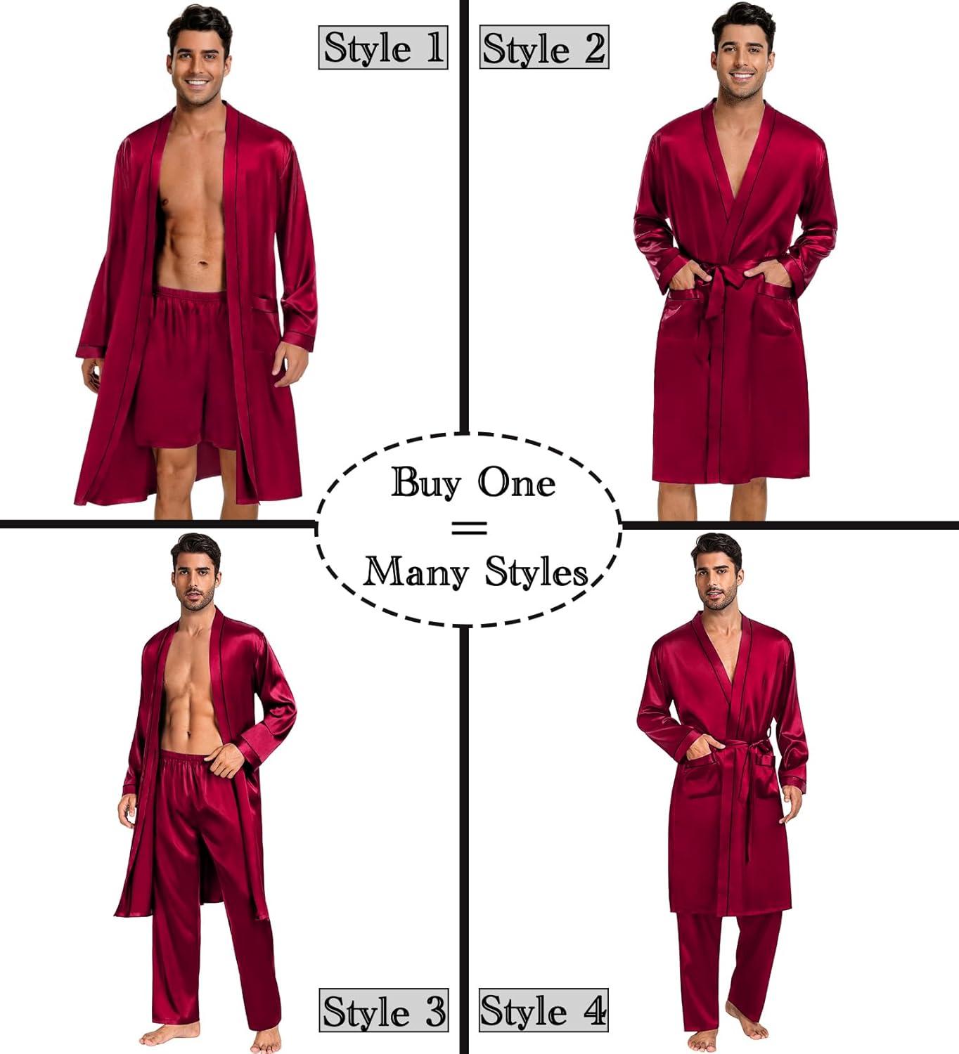 imageSWOMOG Mens 3 PCS Satin Robe with Pants amp Shorts Set Kimono Bathrobe Long Sleeve Sleepwear Pjs Sets with PocketsDeep Wine Red