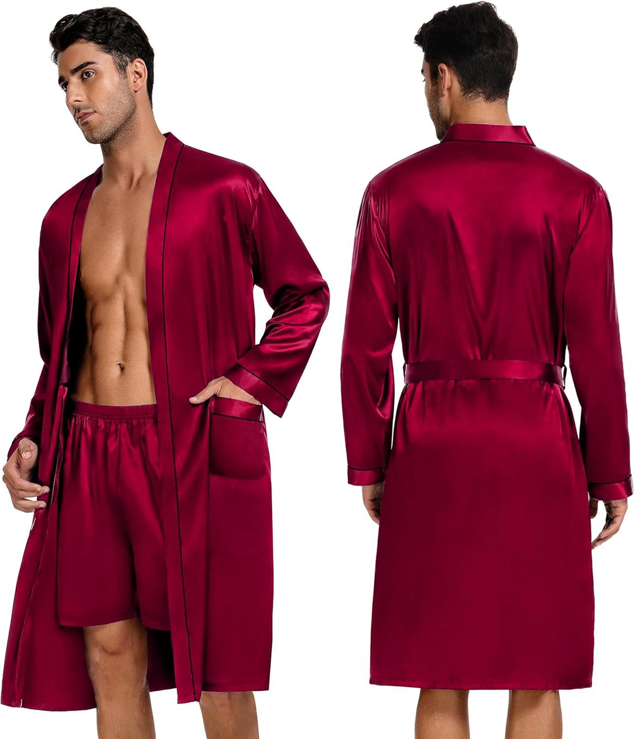 imageSWOMOG Mens 3 PCS Satin Robe with Pants amp Shorts Set Kimono Bathrobe Long Sleeve Sleepwear Pjs Sets with PocketsDeep Wine Red