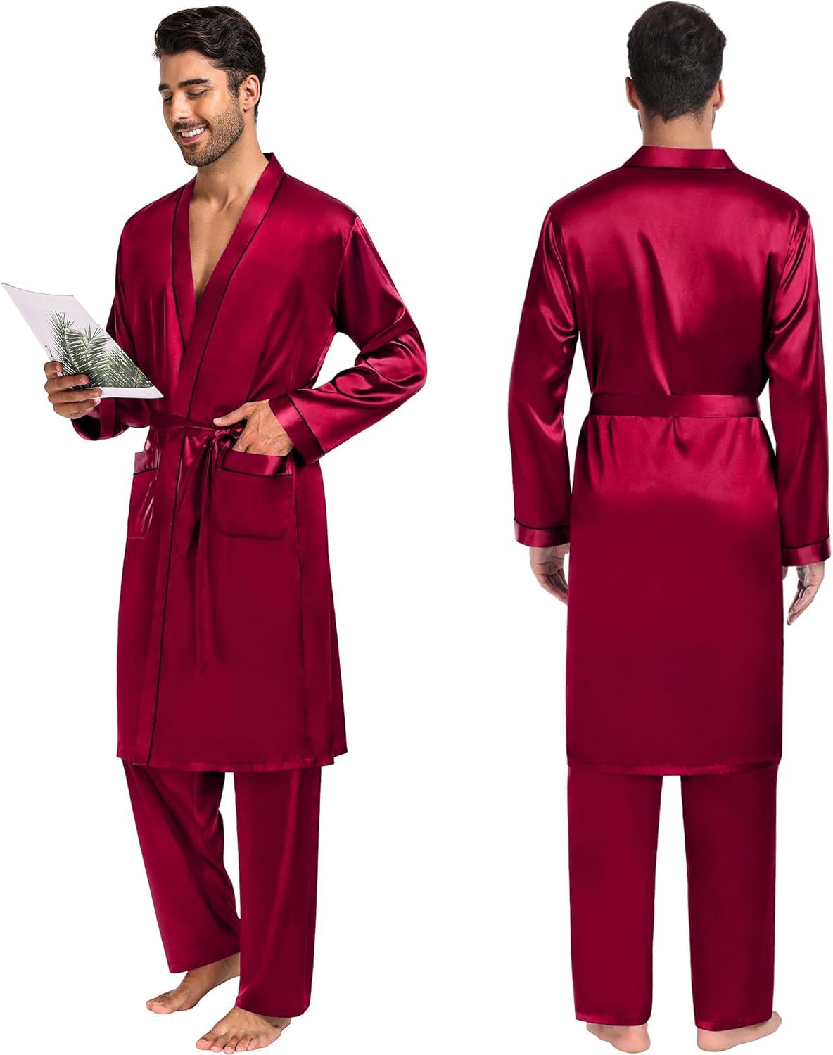 imageSWOMOG Mens 3 PCS Satin Robe with Pants amp Shorts Set Kimono Bathrobe Long Sleeve Sleepwear Pjs Sets with PocketsDeep Wine Red
