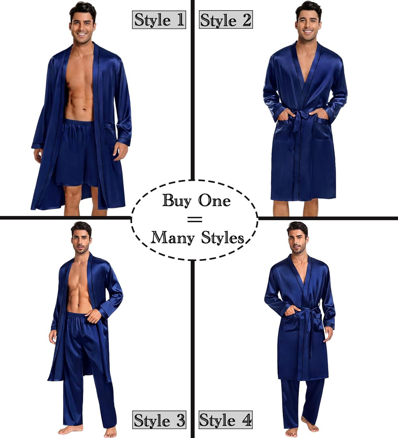 imageSWOMOG Mens 3 PCS Satin Robe with Pants amp Shorts Set Kimono Bathrobe Long Sleeve Sleepwear Pjs Sets with PocketsNavy Blue