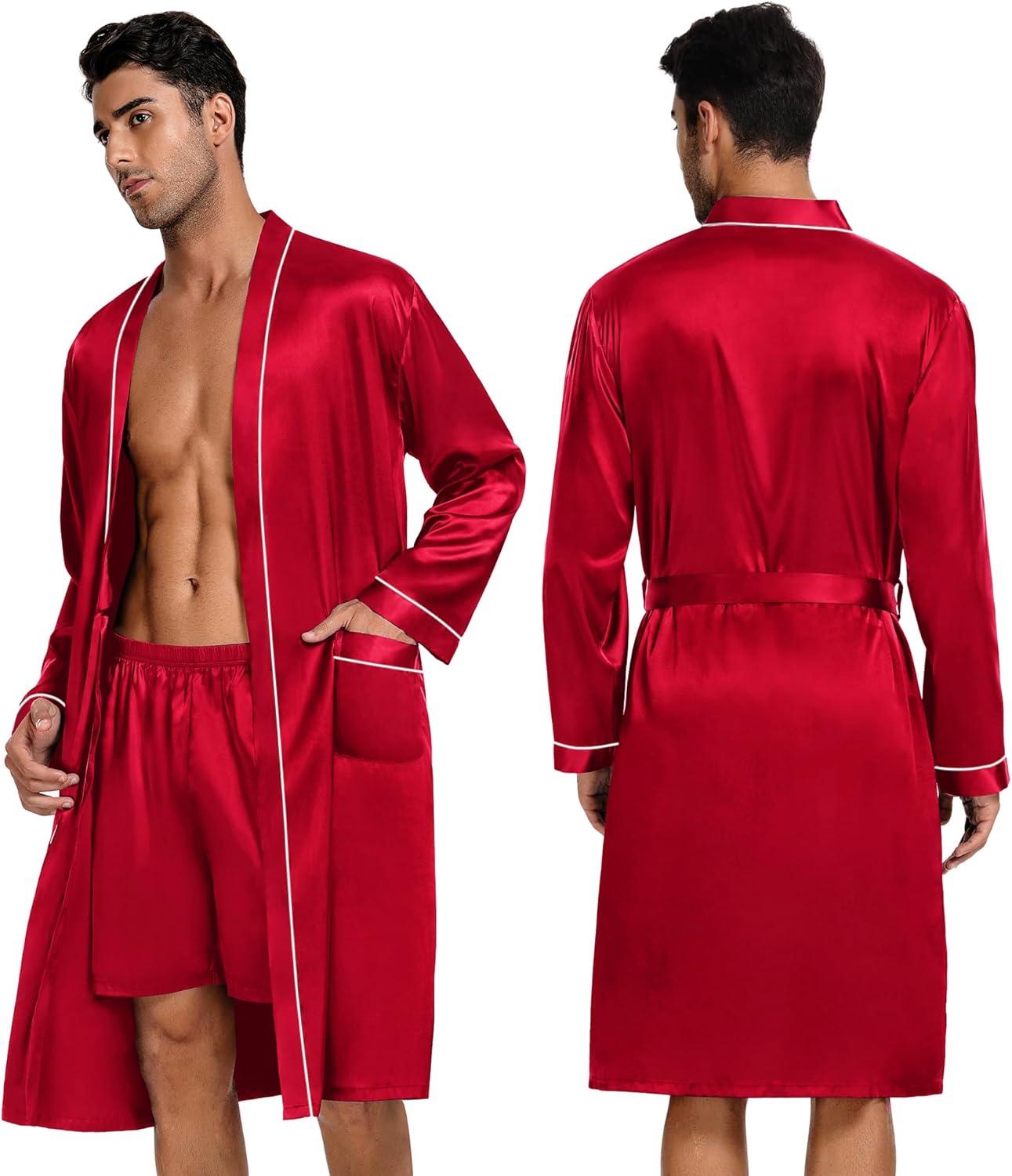 imageSWOMOG Mens 3 PCS Satin Robe with Pants amp Shorts Set Kimono Bathrobe Long Sleeve Sleepwear Pjs Sets with PocketsRed