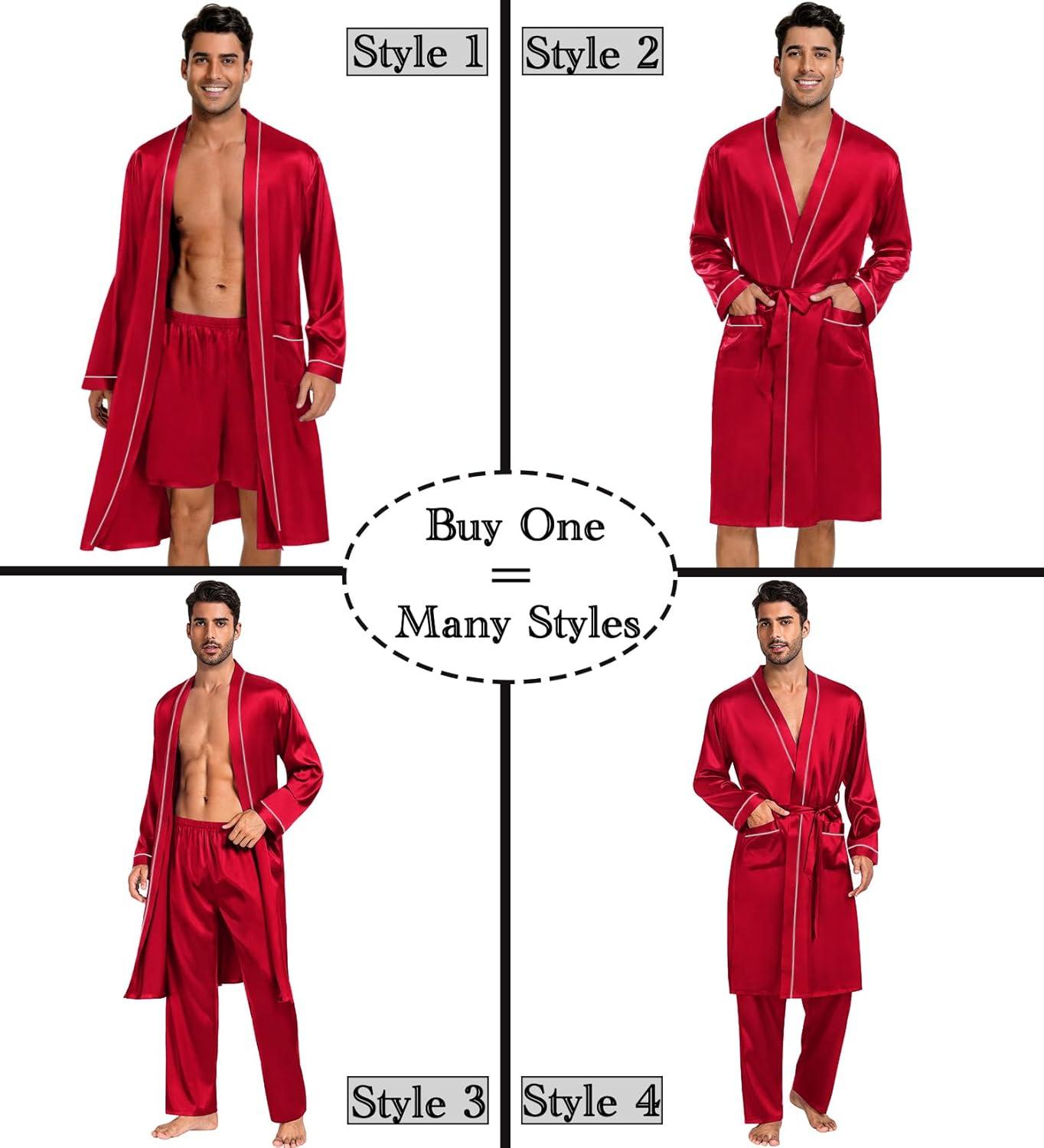 imageSWOMOG Mens 3 PCS Satin Robe with Pants amp Shorts Set Kimono Bathrobe Long Sleeve Sleepwear Pjs Sets with PocketsRed