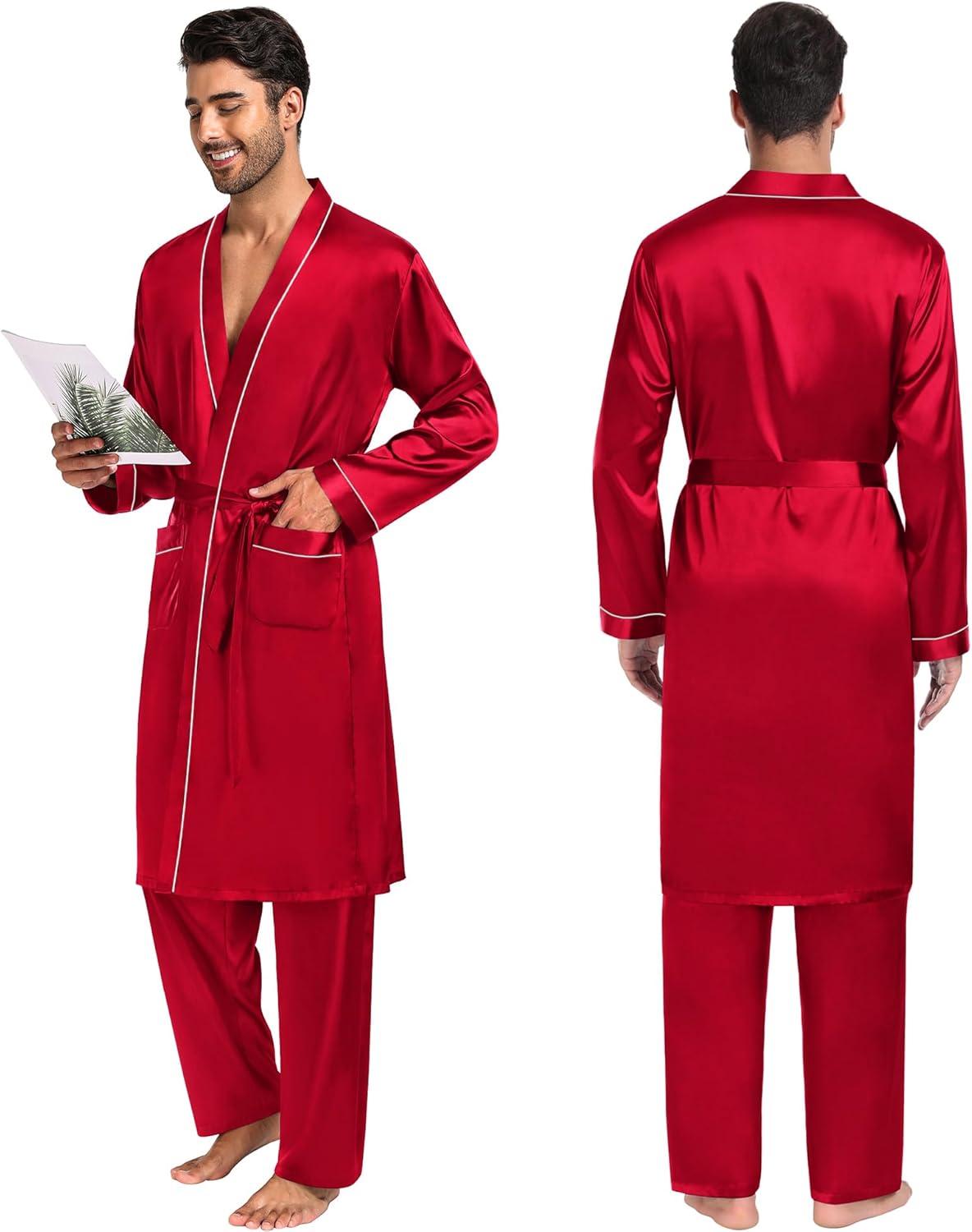 imageSWOMOG Mens 3 PCS Satin Robe with Pants amp Shorts Set Kimono Bathrobe Long Sleeve Sleepwear Pjs Sets with PocketsRed