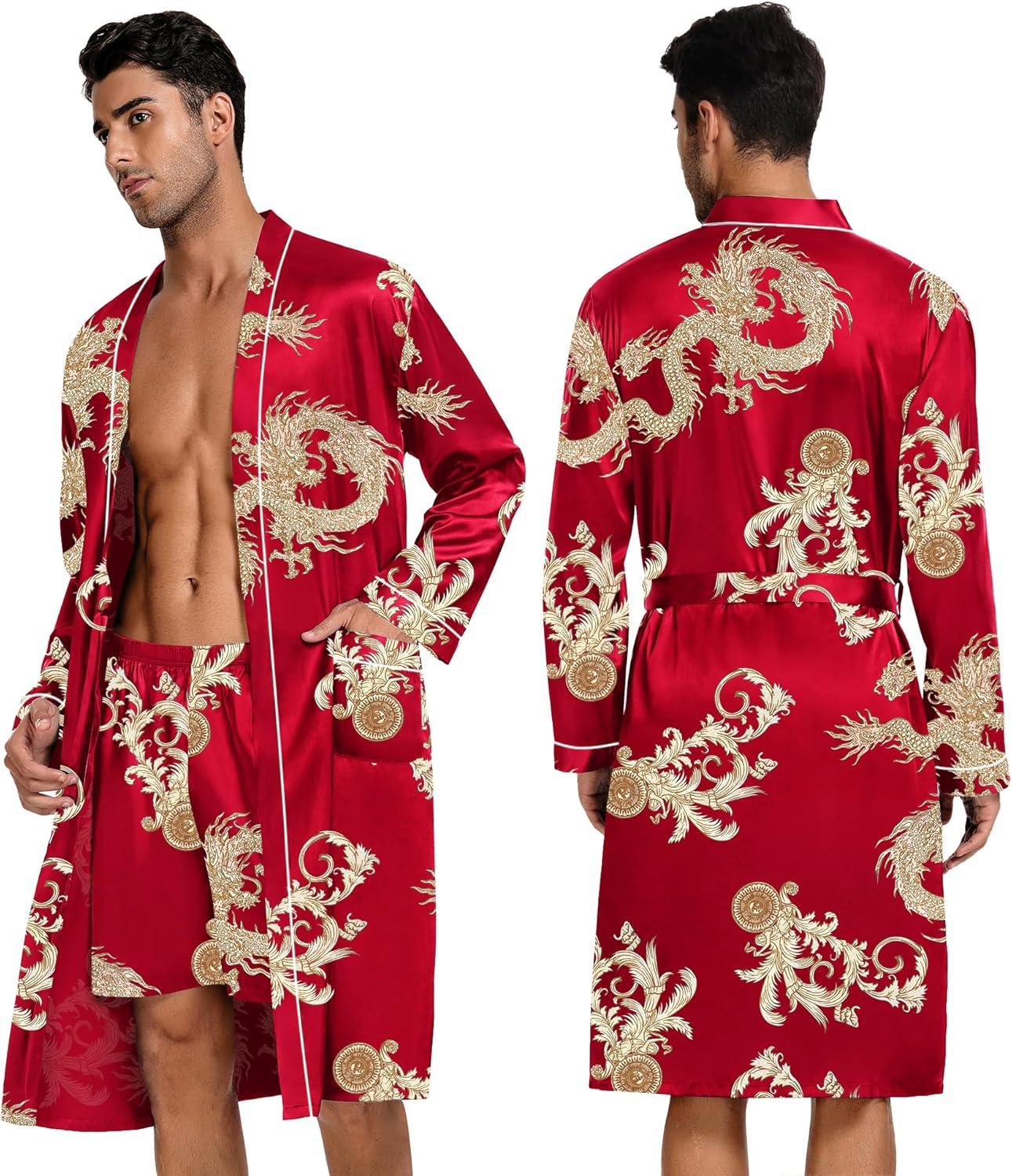 imageSWOMOG Mens 3 PCS Satin Robe with Pants amp Shorts Set Kimono Bathrobe Long Sleeve Sleepwear Pjs Sets with PocketsRed Dragon