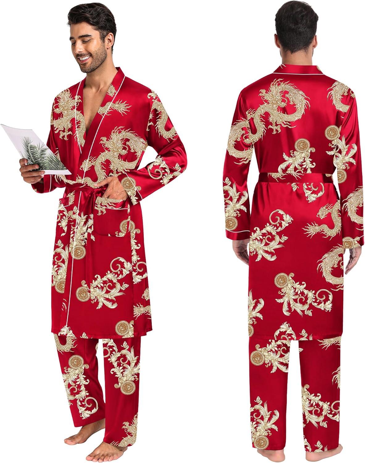 imageSWOMOG Mens 3 PCS Satin Robe with Pants amp Shorts Set Kimono Bathrobe Long Sleeve Sleepwear Pjs Sets with PocketsRed Dragon