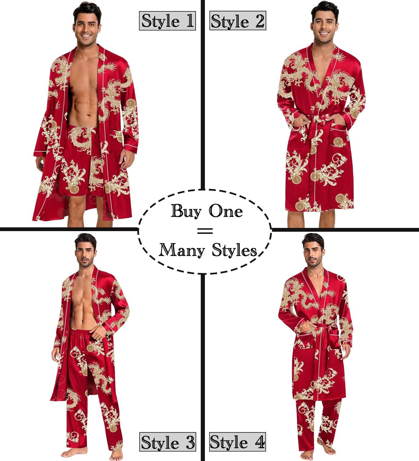 imageSWOMOG Mens 3 PCS Satin Robe with Pants amp Shorts Set Kimono Bathrobe Long Sleeve Sleepwear Pjs Sets with PocketsRed Dragon