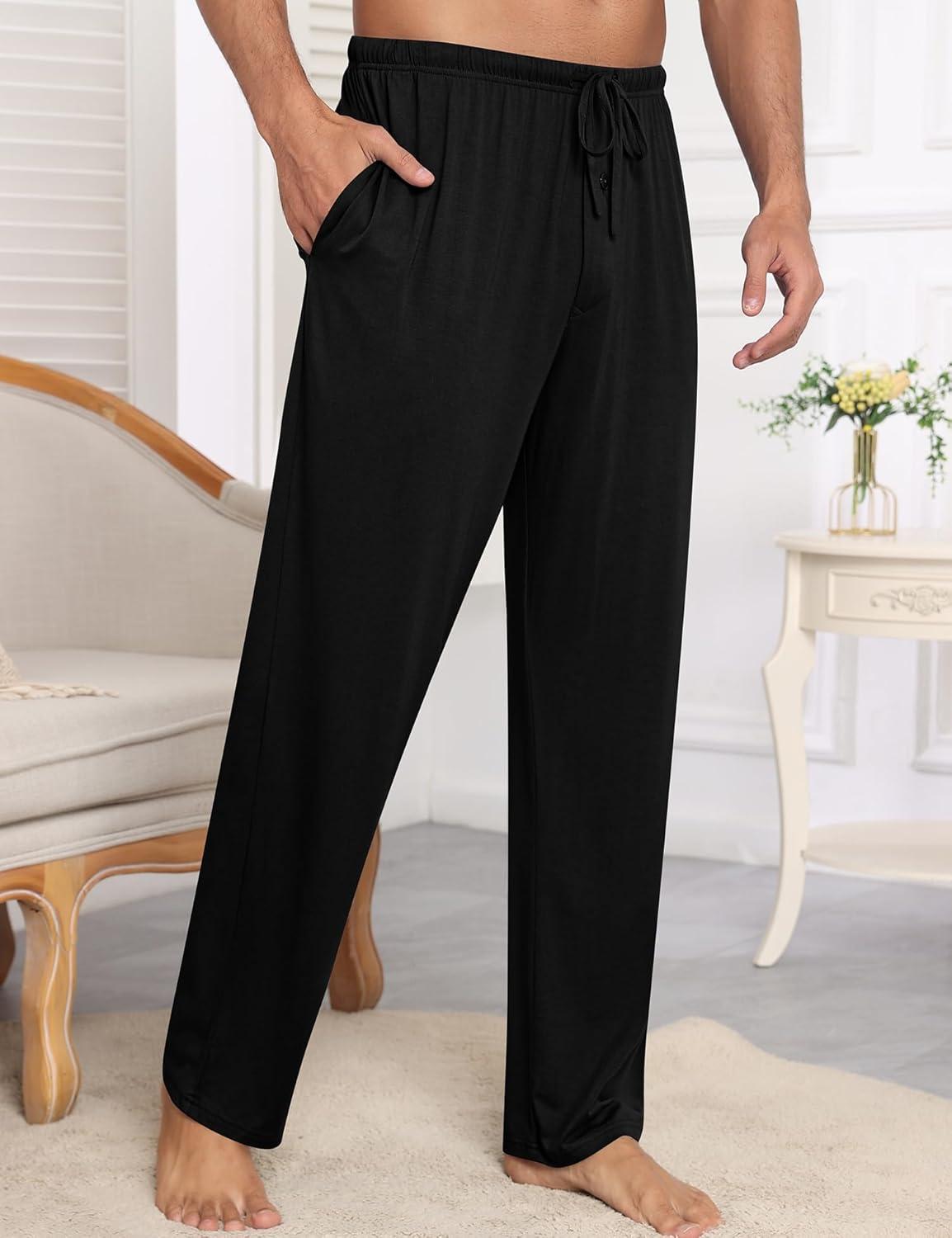 imageSWOMOG Mens Modal Pajama Pants Soft Lounge Pants Sleep Pj Bottoms with Button Fly amp Drawstring amp PocketsBlack