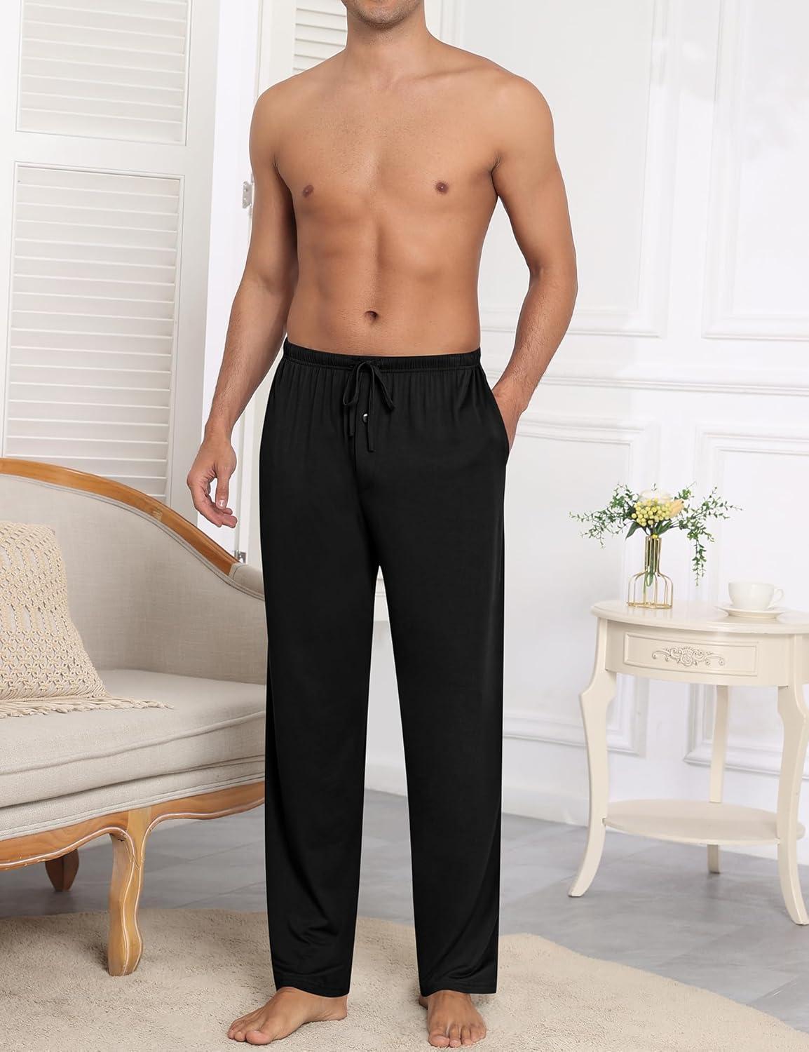 imageSWOMOG Mens Modal Pajama Pants Soft Lounge Pants Sleep Pj Bottoms with Button Fly amp Drawstring amp PocketsBlack