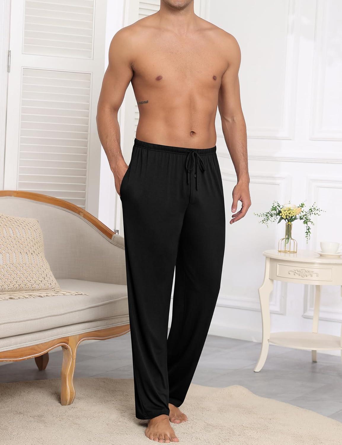 imageSWOMOG Mens Modal Pajama Pants Soft Lounge Pants Sleep Pj Bottoms with Button Fly amp Drawstring amp PocketsBlack