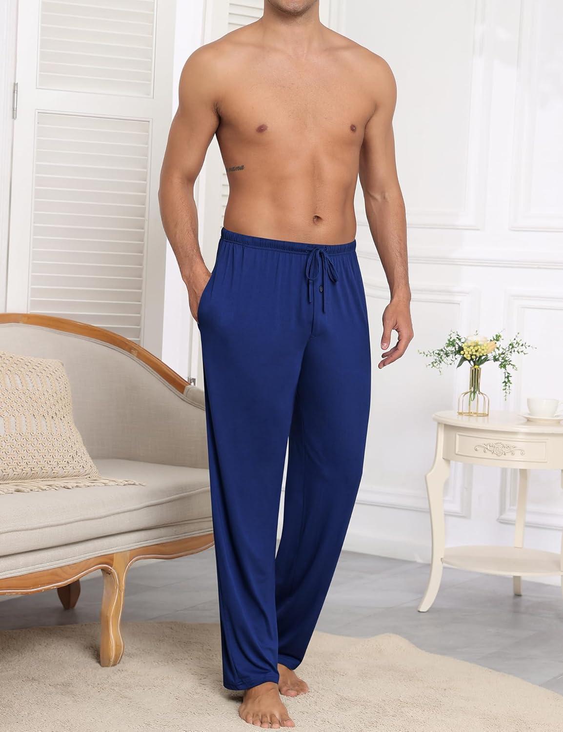 imageSWOMOG Mens Modal Pajama Pants Soft Lounge Pants Sleep Pj Bottoms with Button Fly amp Drawstring amp PocketsNavy Blue