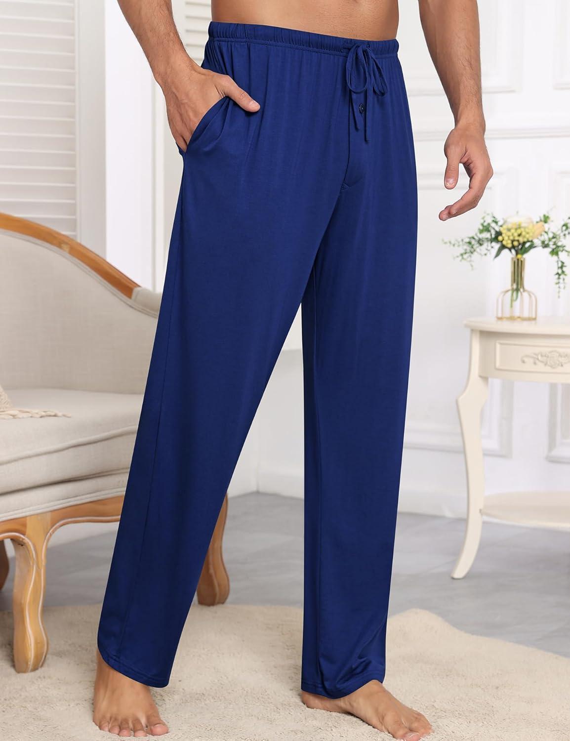 imageSWOMOG Mens Modal Pajama Pants Soft Lounge Pants Sleep Pj Bottoms with Button Fly amp Drawstring amp PocketsNavy Blue