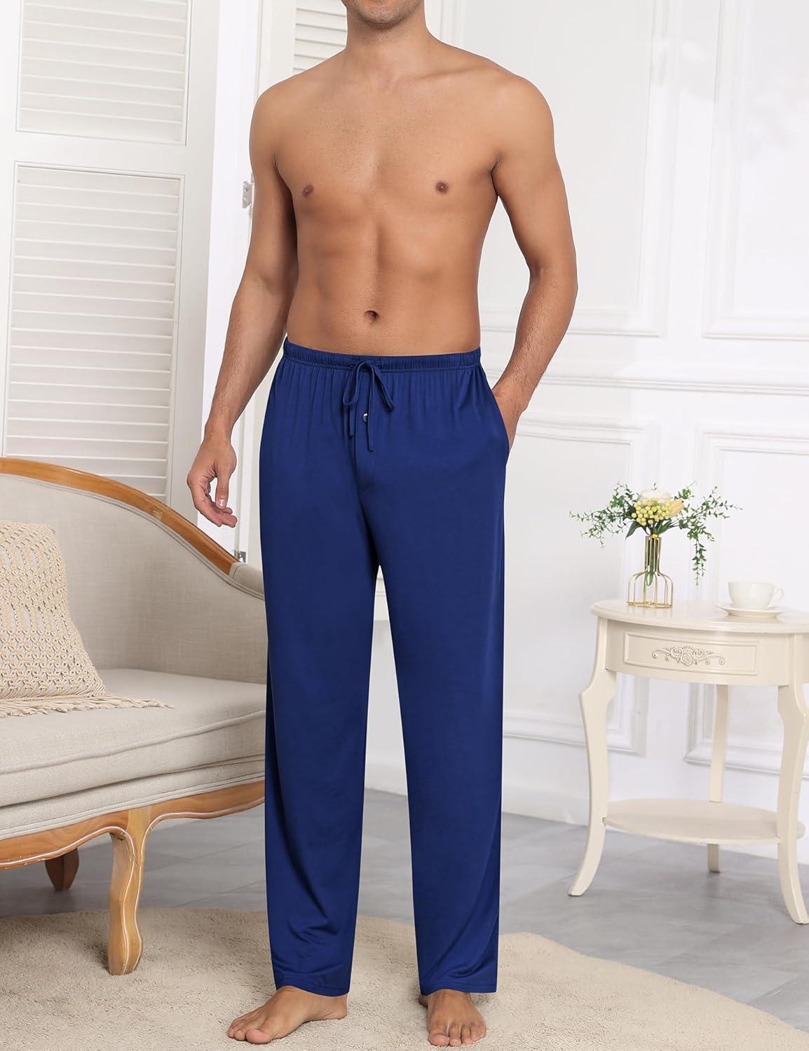 imageSWOMOG Mens Modal Pajama Pants Soft Lounge Pants Sleep Pj Bottoms with Button Fly amp Drawstring amp PocketsNavy Blue