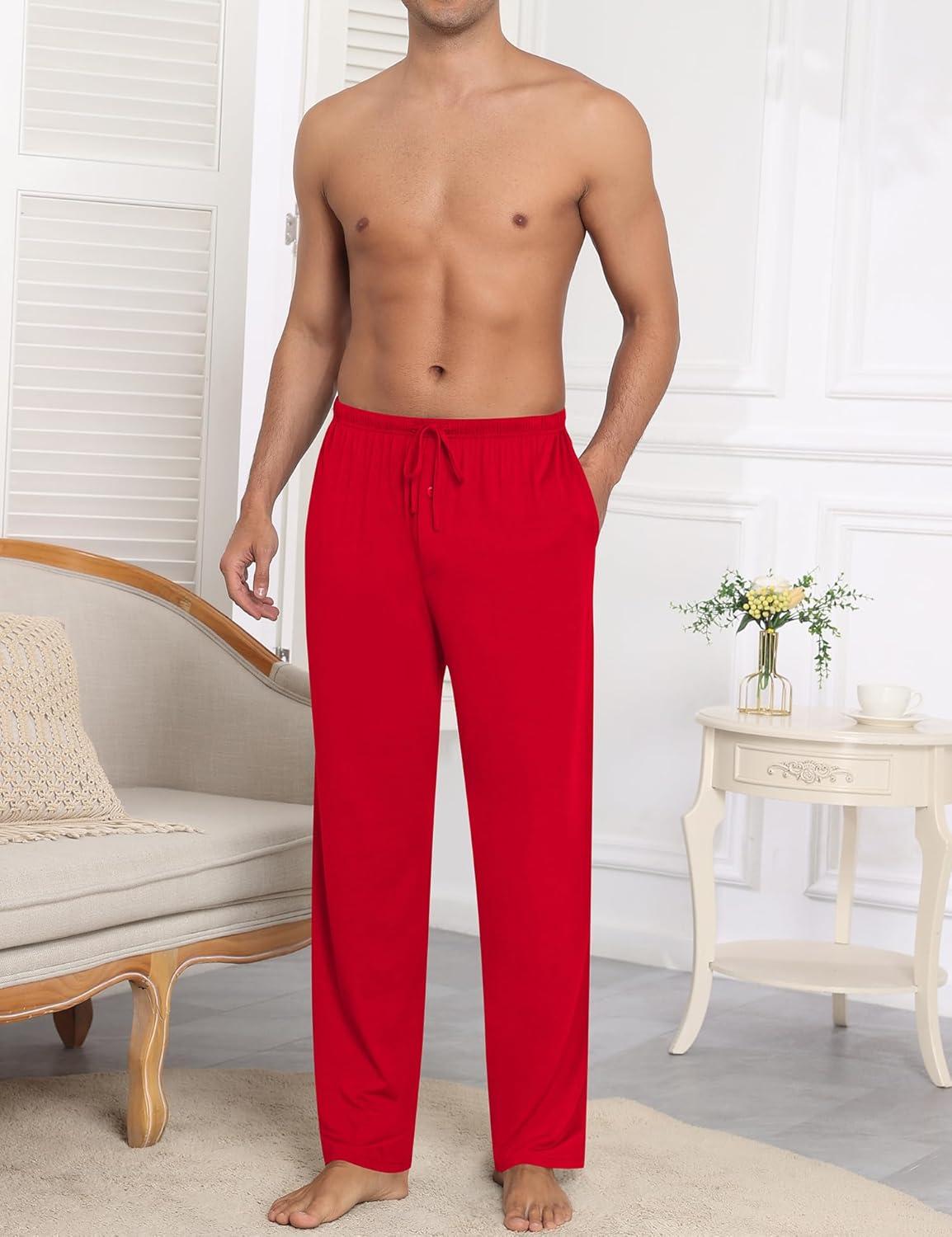 imageSWOMOG Mens Modal Pajama Pants Soft Lounge Pants Sleep Pj Bottoms with Button Fly amp Drawstring amp PocketsRed