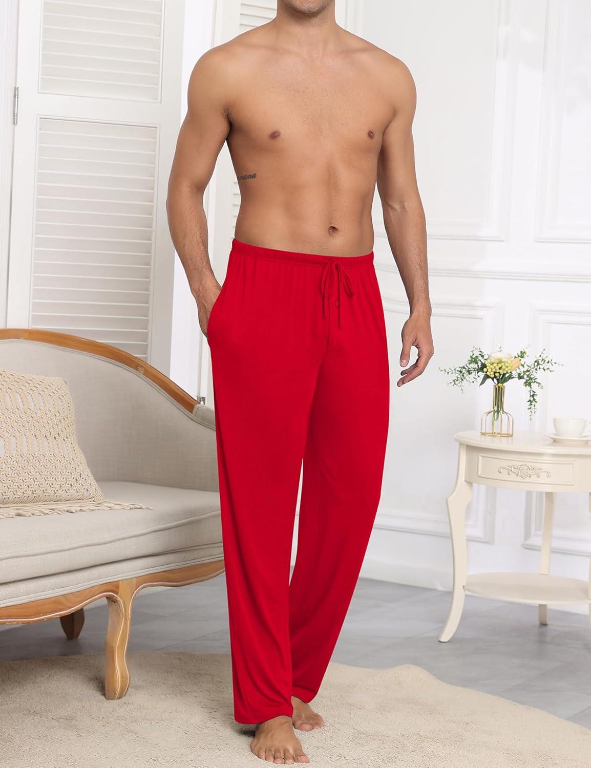 imageSWOMOG Mens Modal Pajama Pants Soft Lounge Pants Sleep Pj Bottoms with Button Fly amp Drawstring amp PocketsRed