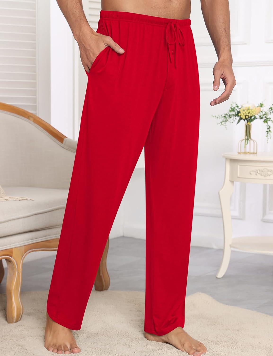 imageSWOMOG Mens Modal Pajama Pants Soft Lounge Pants Sleep Pj Bottoms with Button Fly amp Drawstring amp PocketsRed