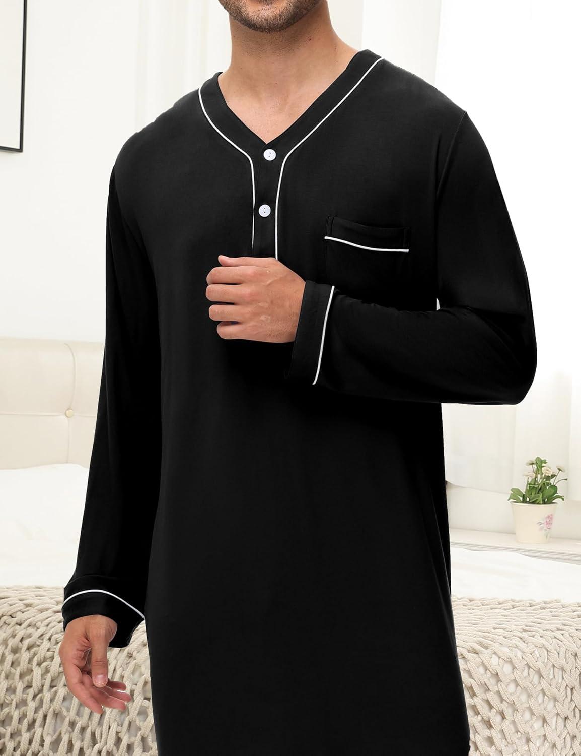imageSWOMOG Mens Nightshirt Long Sleeve Nightgown Soft Loose Sleepwear Lightweight Nightwear Comfy Henley Sleep Shirt M3XLBlack