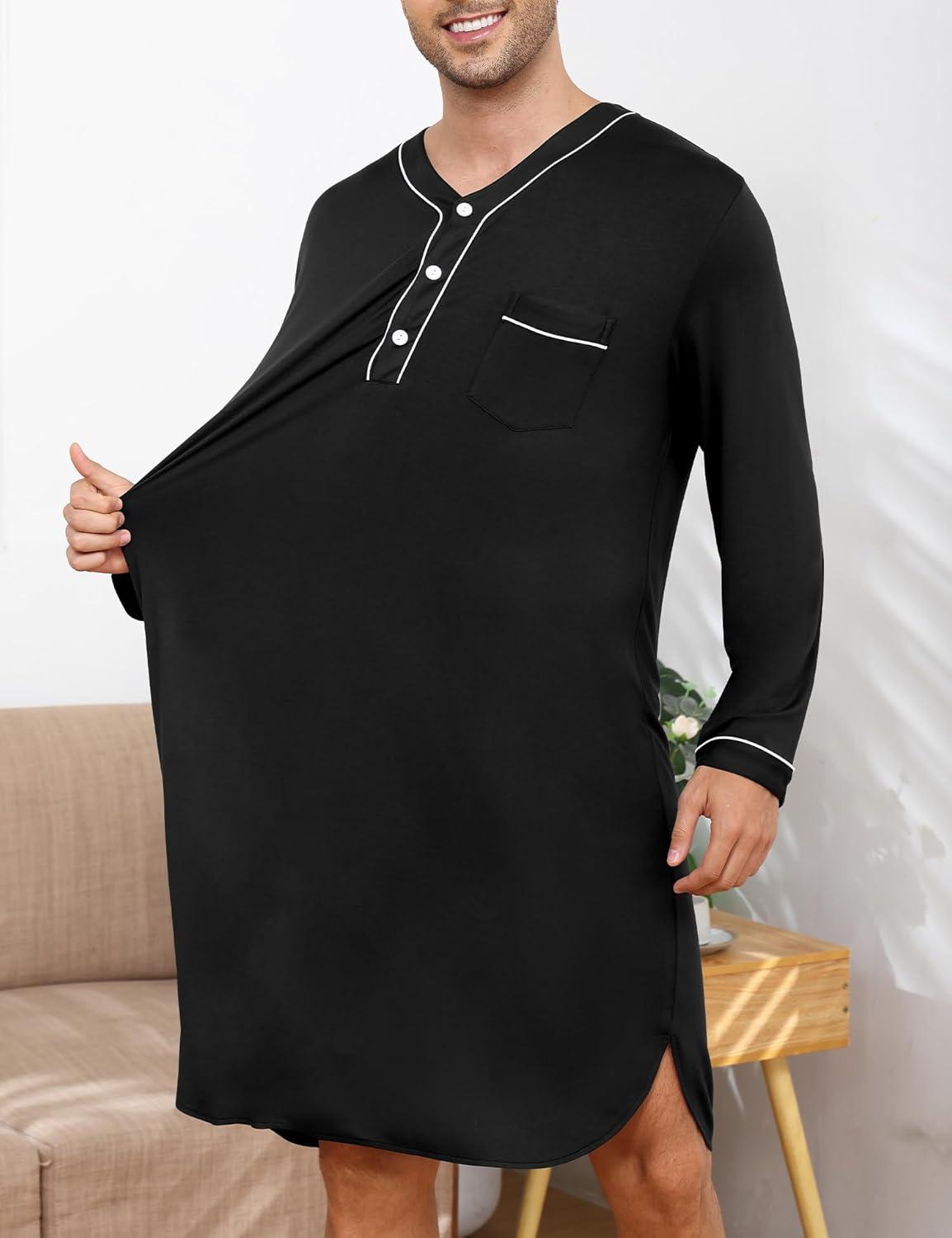 imageSWOMOG Mens Nightshirt Long Sleeve Nightgown Soft Loose Sleepwear Lightweight Nightwear Comfy Henley Sleep Shirt M3XLBlack
