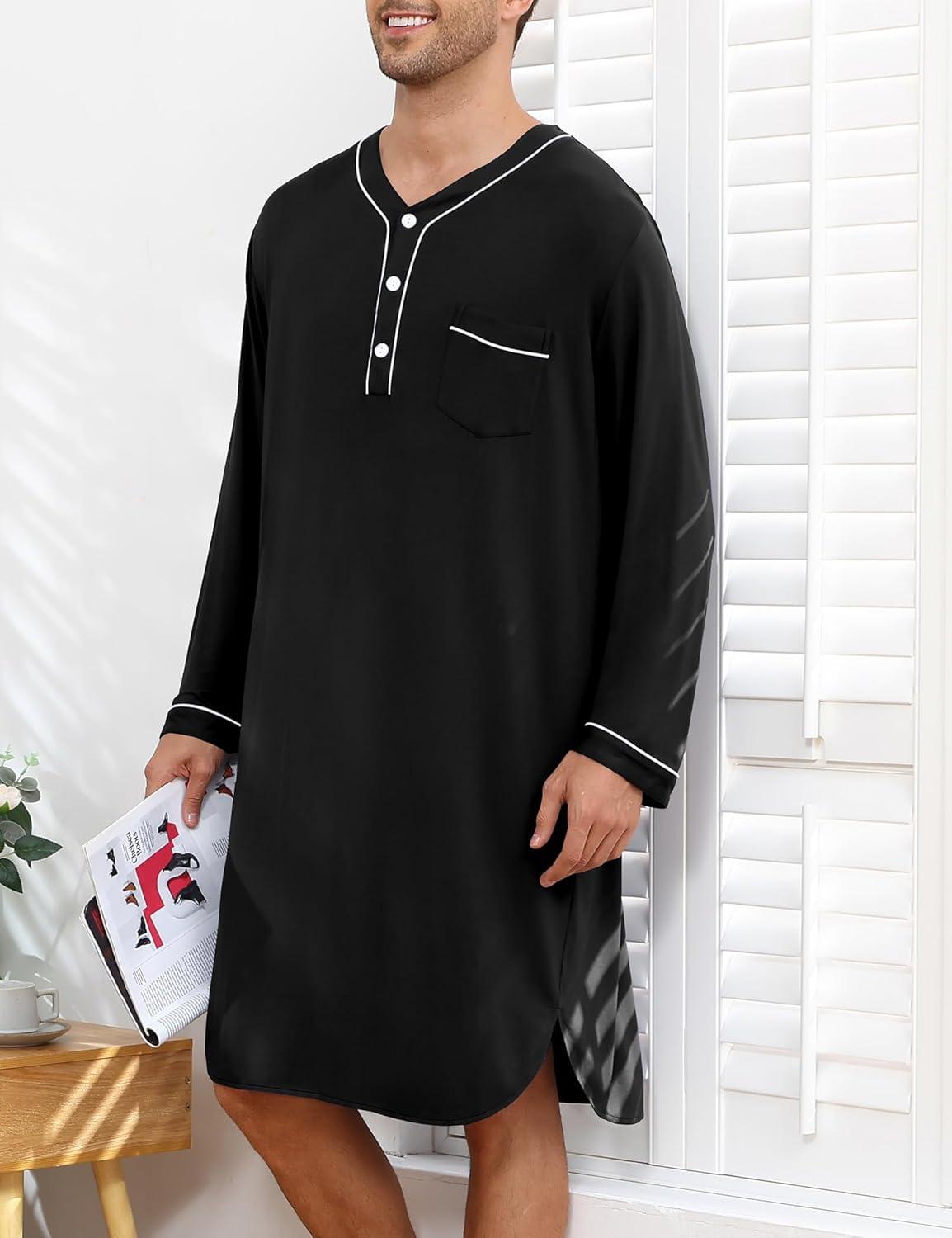 imageSWOMOG Mens Nightshirt Long Sleeve Nightgown Soft Loose Sleepwear Lightweight Nightwear Comfy Henley Sleep Shirt M3XLBlack