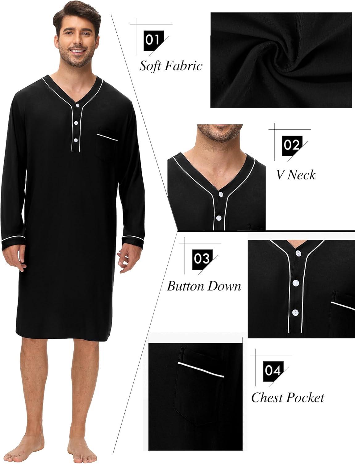 imageSWOMOG Mens Nightshirt Long Sleeve Nightgown Soft Loose Sleepwear Lightweight Nightwear Comfy Henley Sleep Shirt M3XLBlack