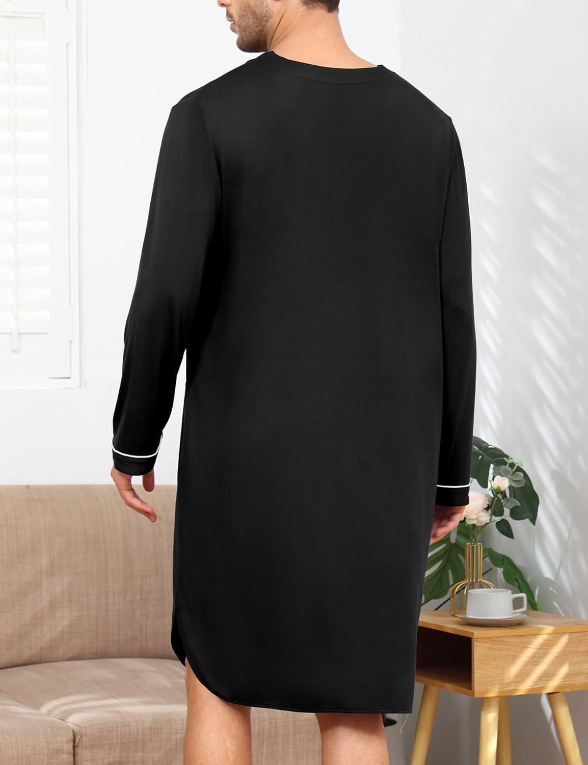 imageSWOMOG Mens Nightshirt Long Sleeve Nightgown Soft Loose Sleepwear Lightweight Nightwear Comfy Henley Sleep Shirt M3XLBlack