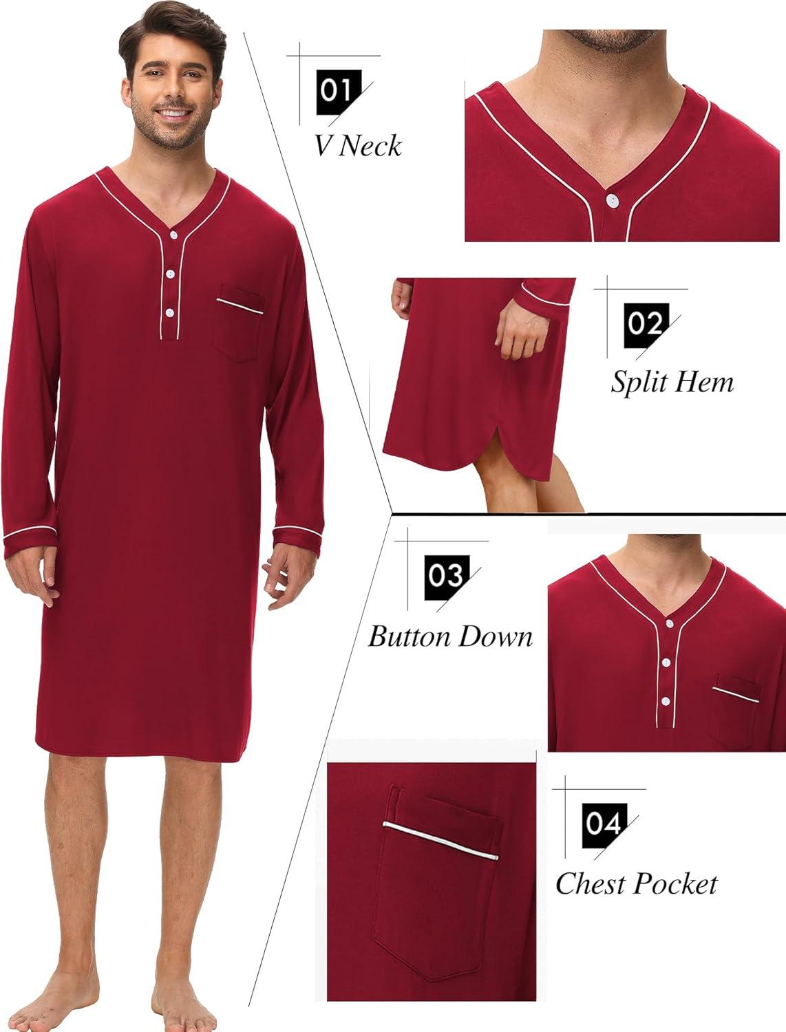 imageSWOMOG Mens Nightshirt Long Sleeve Nightgown Soft Loose Sleepwear Lightweight Nightwear Comfy Henley Sleep Shirt M3XLWine Red