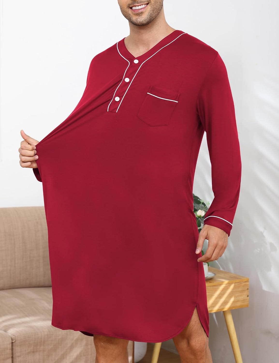 imageSWOMOG Mens Nightshirt Long Sleeve Nightgown Soft Loose Sleepwear Lightweight Nightwear Comfy Henley Sleep Shirt M3XLWine Red